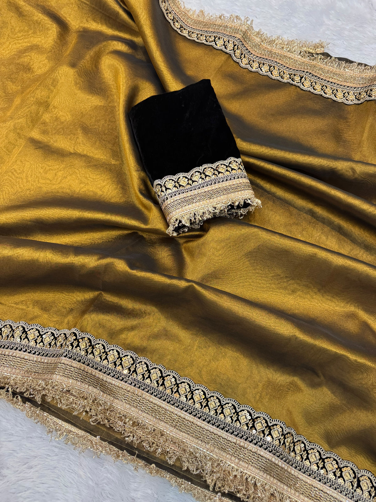 Statement Metallic Glass Tissue Silk Saree with Lace Border and Satin Blouse
