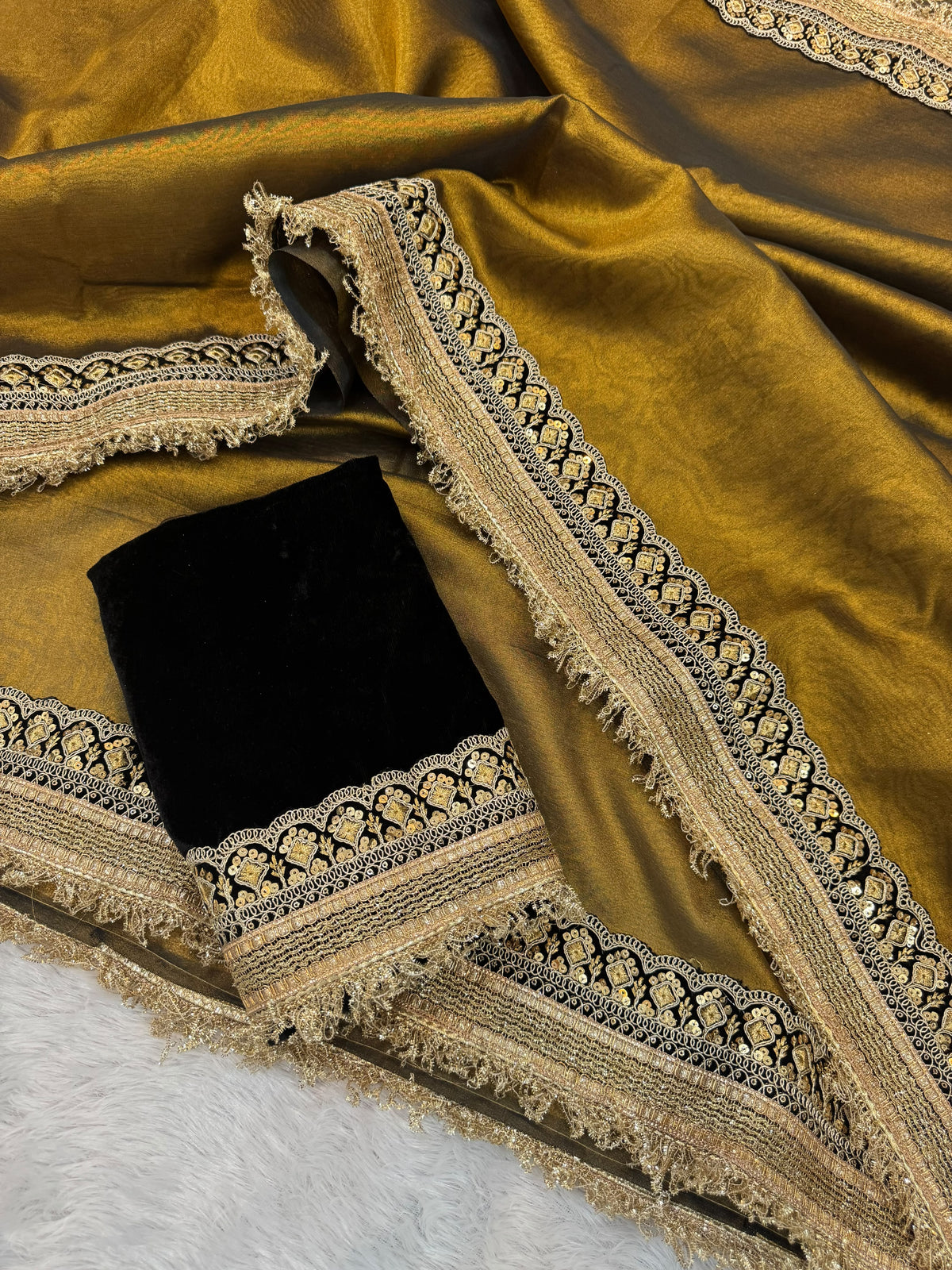 Statement Metallic Glass Tissue Silk Saree with Lace Border and Satin Blouse