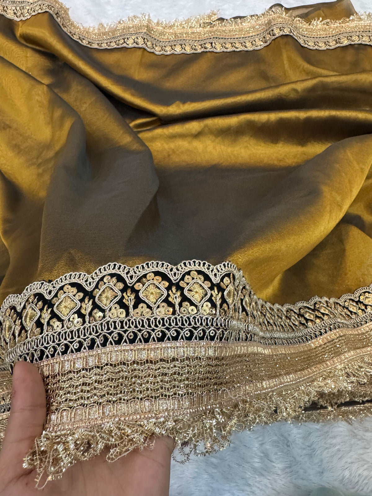 Statement Metallic Glass Tissue Silk Saree with Lace Border and Satin Blouse