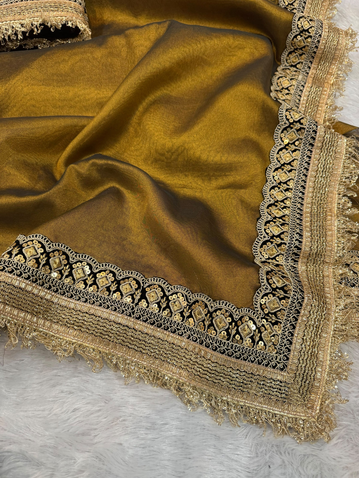 Statement Metallic Glass Tissue Silk Saree with Lace Border and Satin Blouse