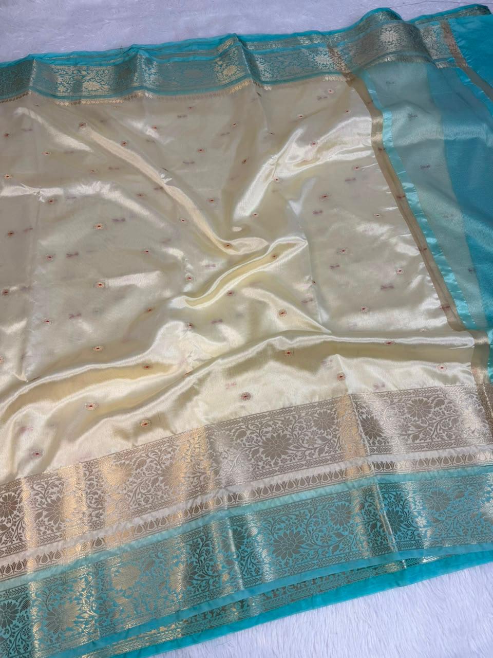 Premium Katan Soft Silk Saree with Double Zari Booti Weaving and Contrast Borders