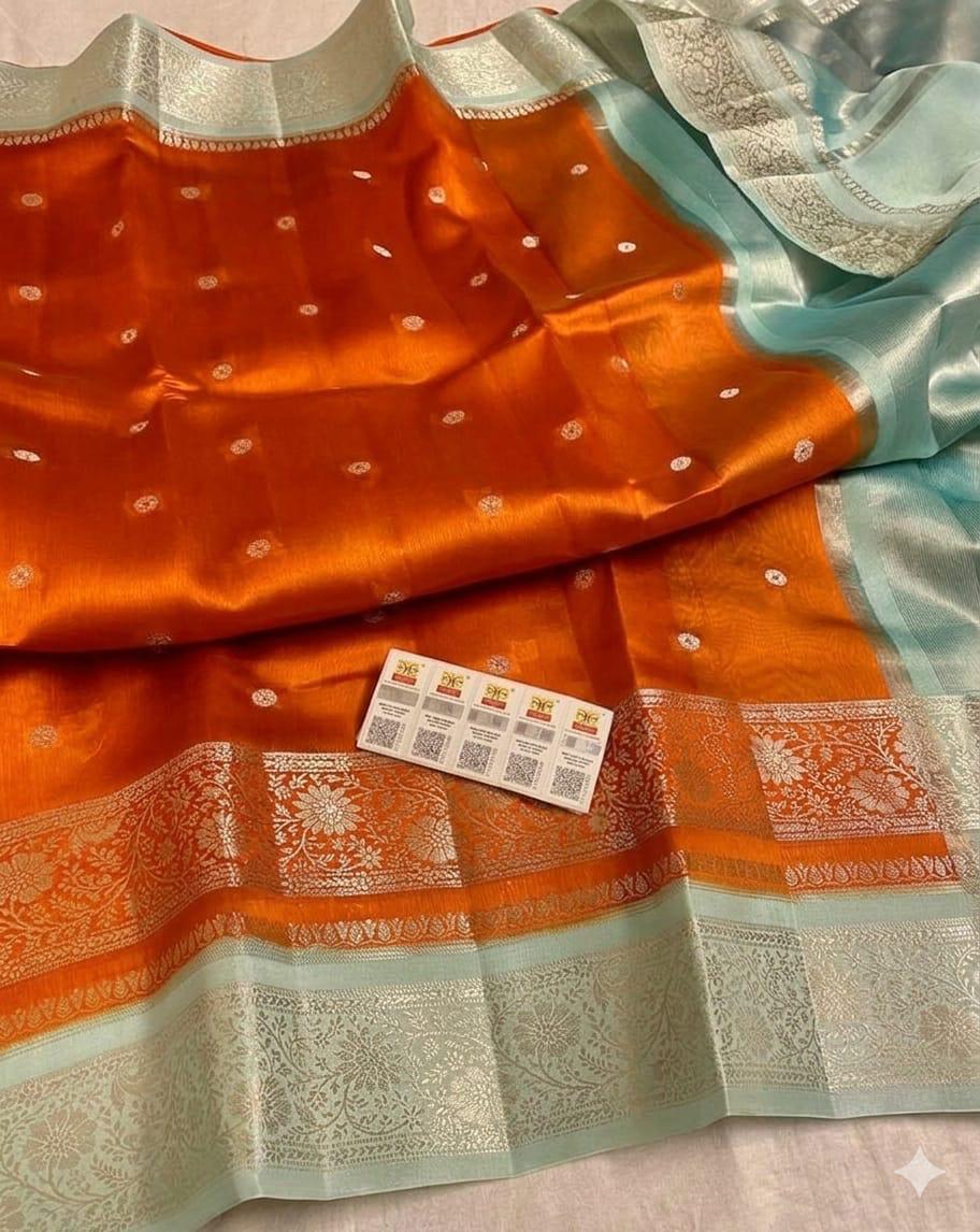 Premium Katan Soft Silk Saree with Double Zari Booti Weaving and Contrast Borders