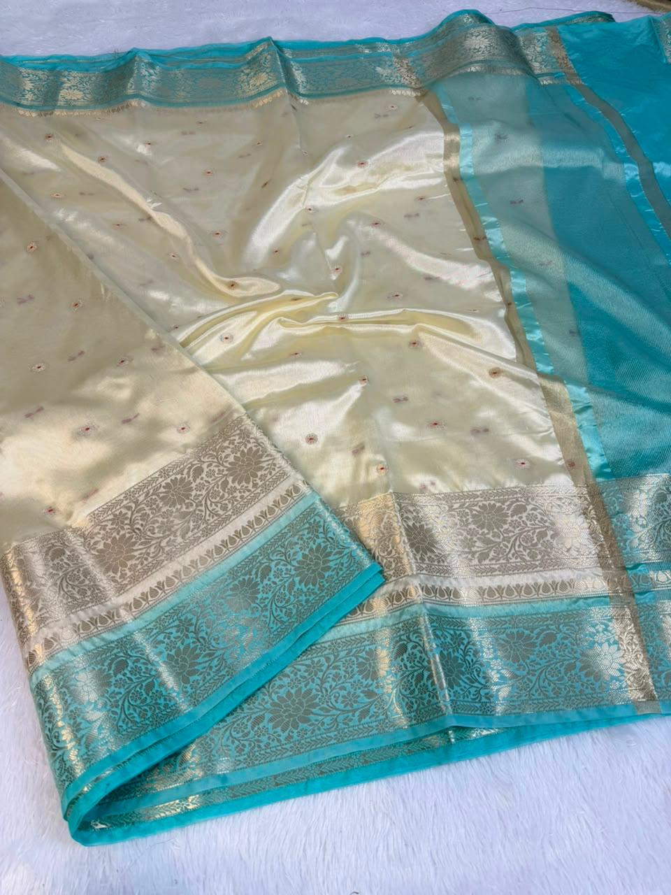 Premium Katan Soft Silk Saree with Double Zari Booti Weaving and Contrast Borders