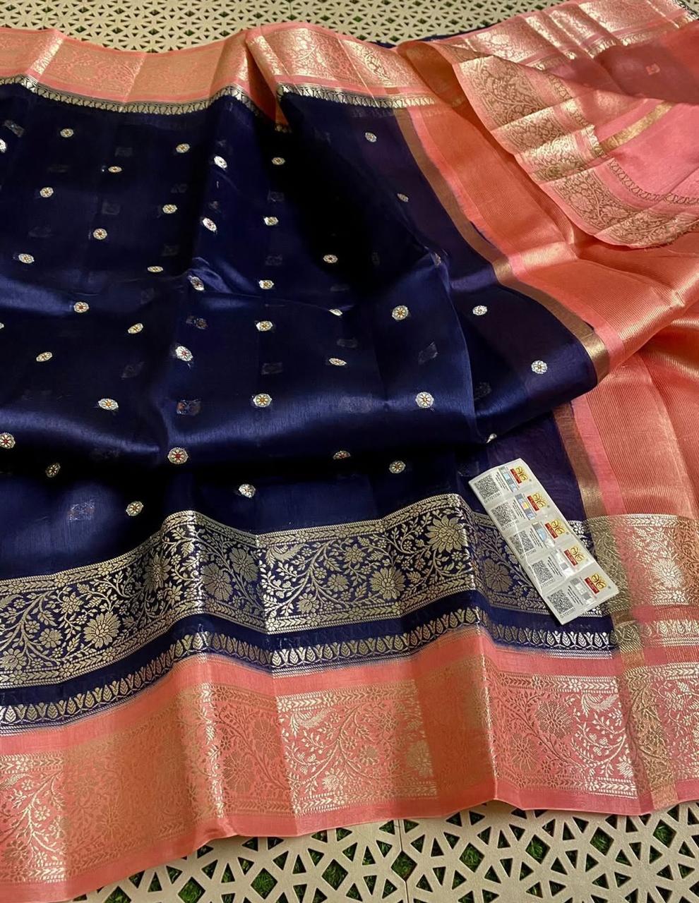 Premium Katan Soft Silk Saree with Double Zari Booti Weaving and Contrast Borders