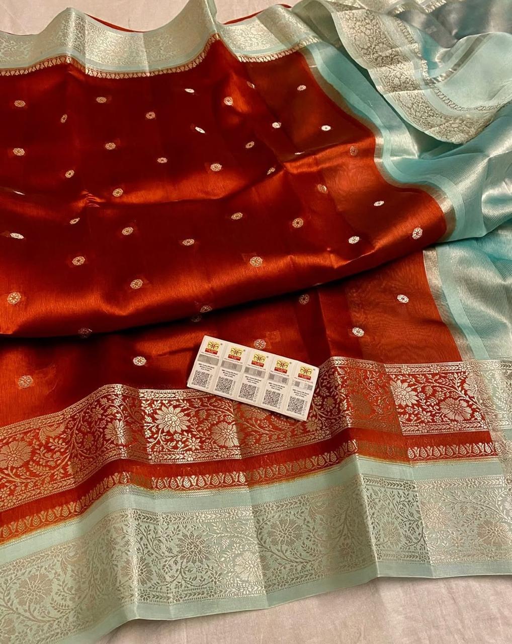 Premium Katan Soft Silk Saree with Double Zari Booti Weaving and Contrast Borders