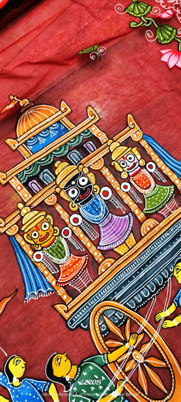 Exclusive Hand-Painted Pattachitra Dhakai Jamdani Cotton Saree | Jagannath Rath Yatra Design