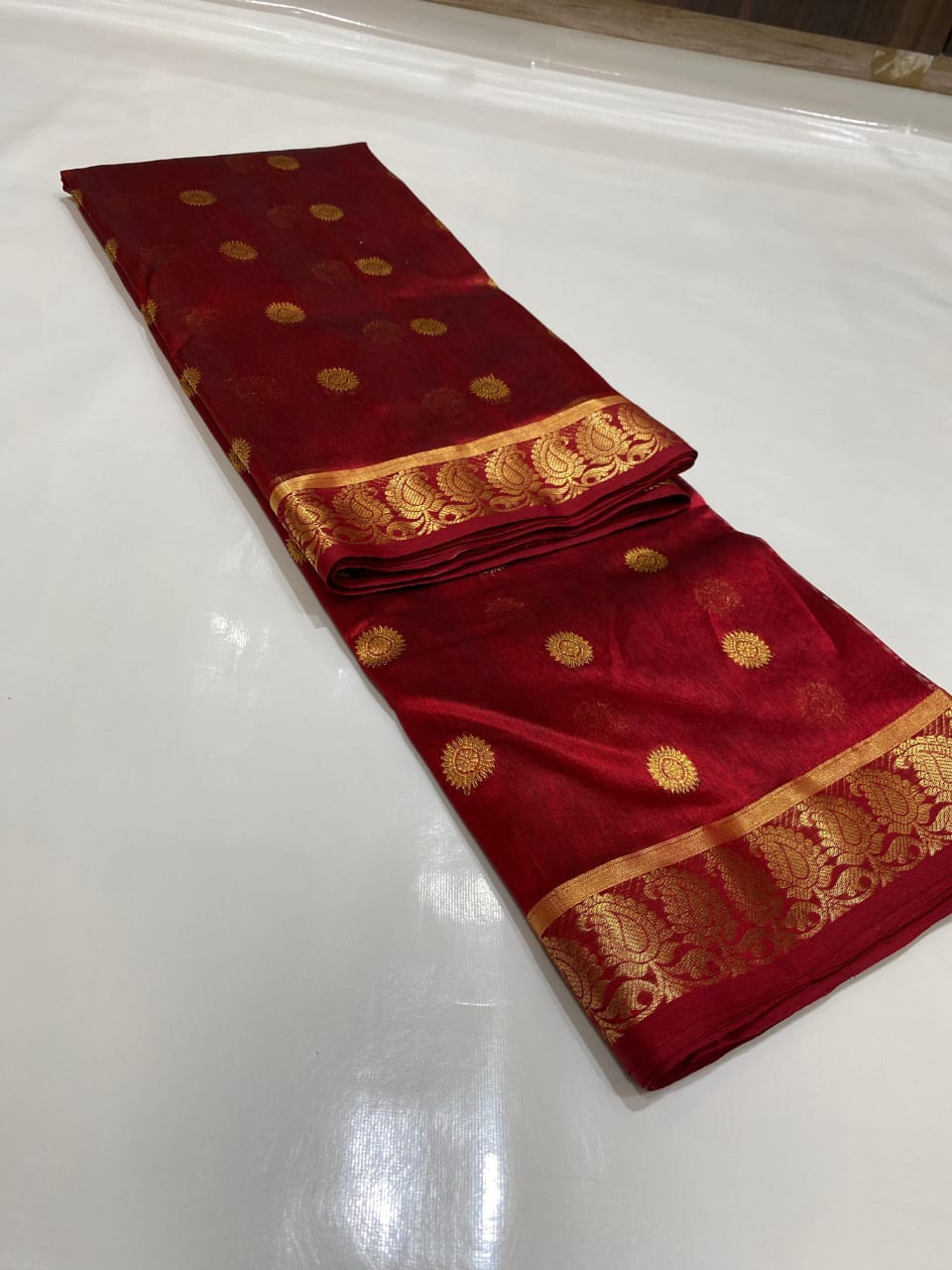 Authentic Burgundy Chanderi Pattu Silk Saree with Golden Buti Work