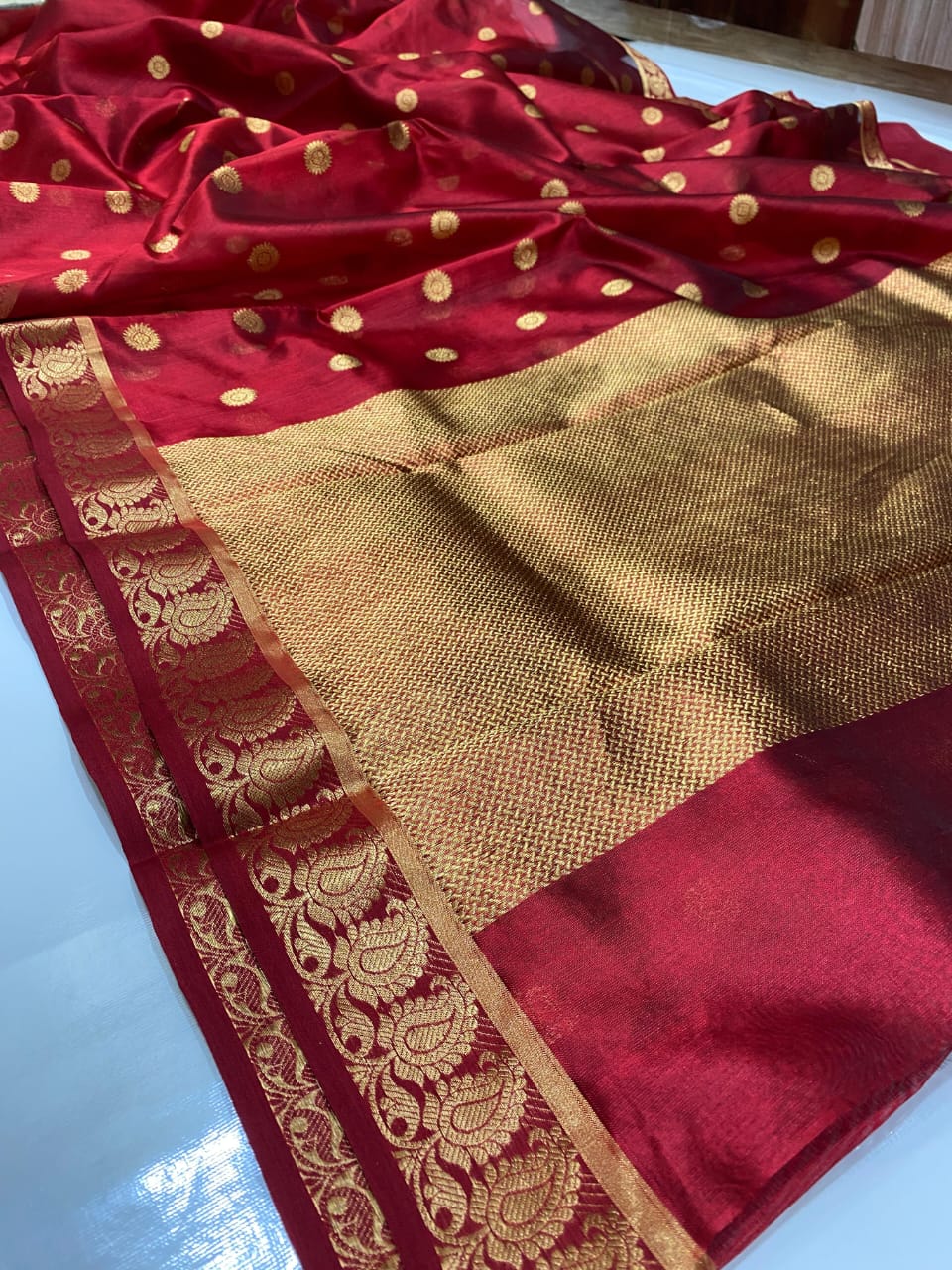 Authentic Burgundy Chanderi Pattu Silk Saree with Golden Buti Work