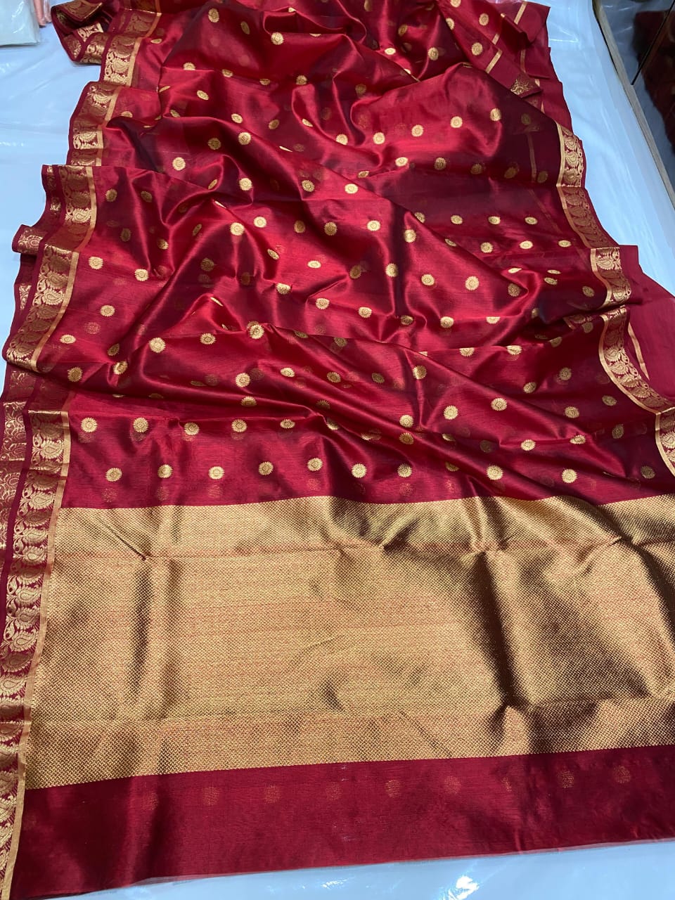Authentic Burgundy Chanderi Pattu Silk Saree with Golden Buti Work