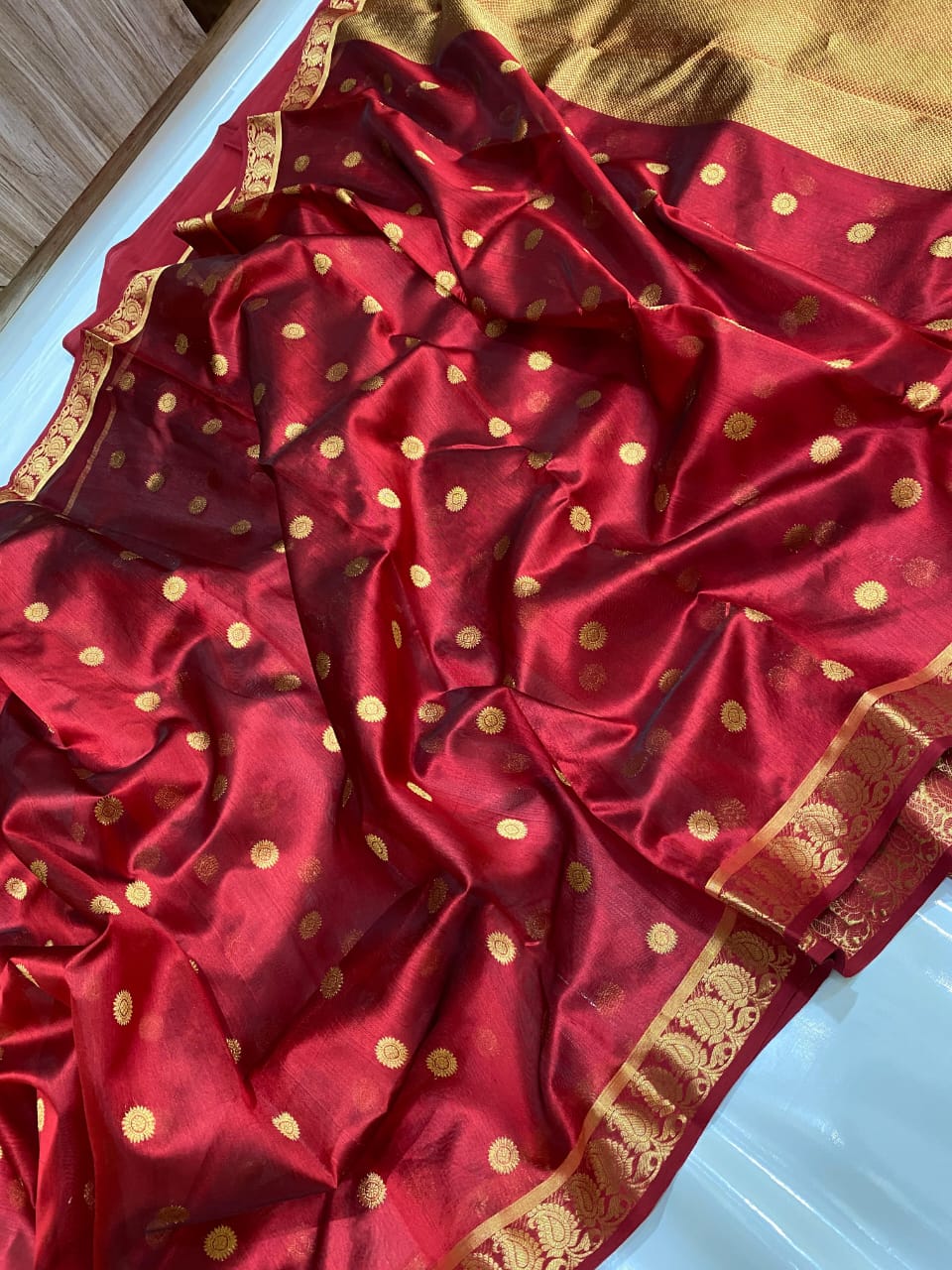 Authentic Burgundy Chanderi Pattu Silk Saree with Golden Buti Work