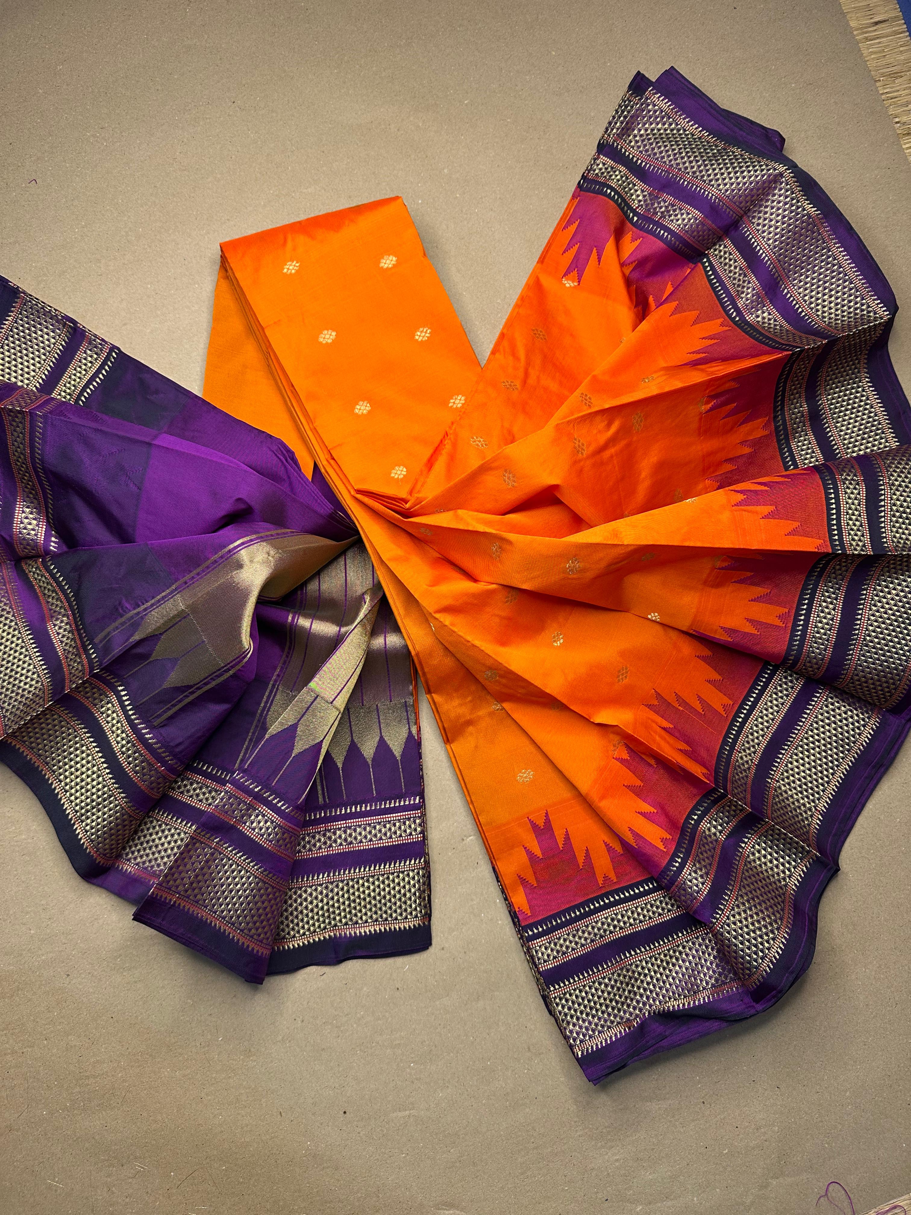Ilkal Temple Border Saree with Butta Work | Shine-Finish Polyester Cotton Blend