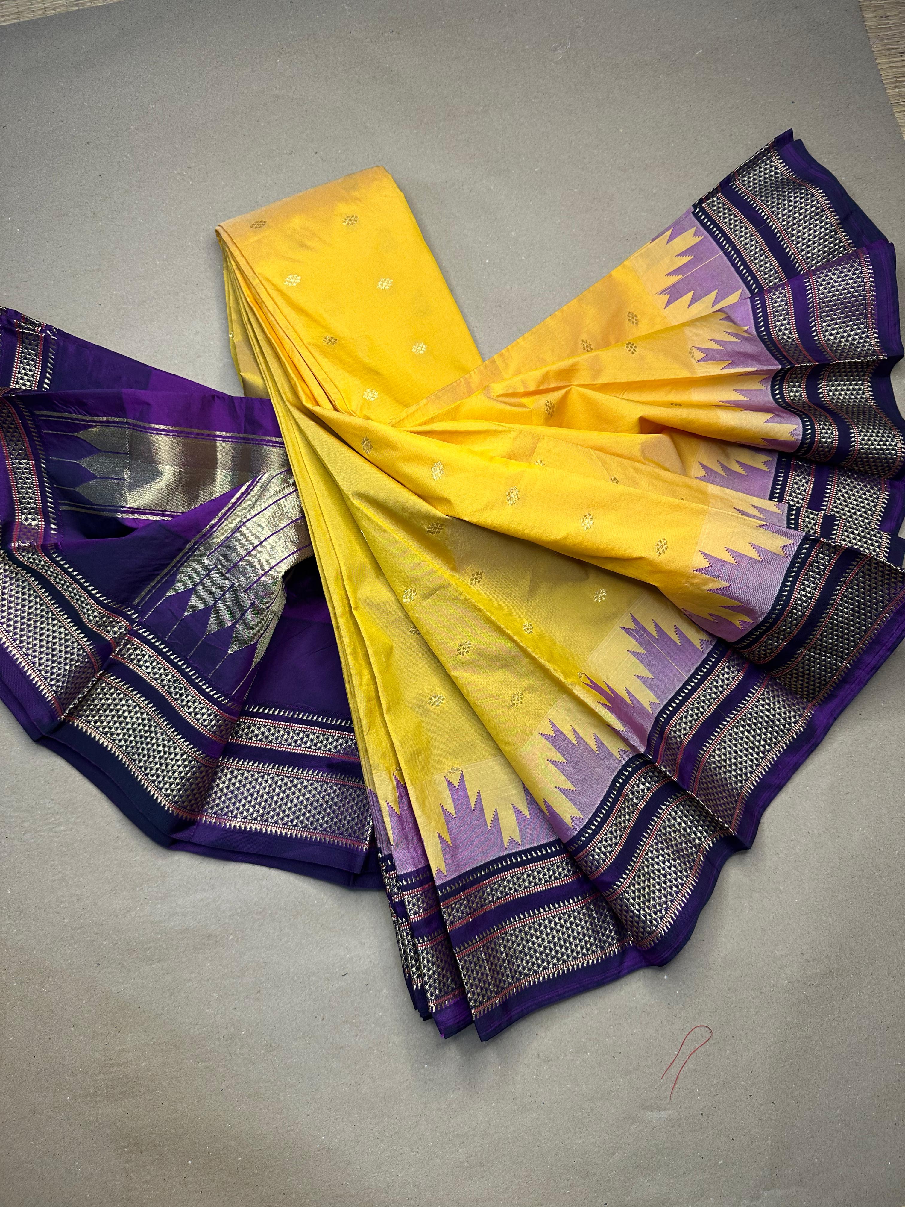 Ilkal Temple Border Saree with Butta Work | Shine-Finish Polyester Cotton Blend