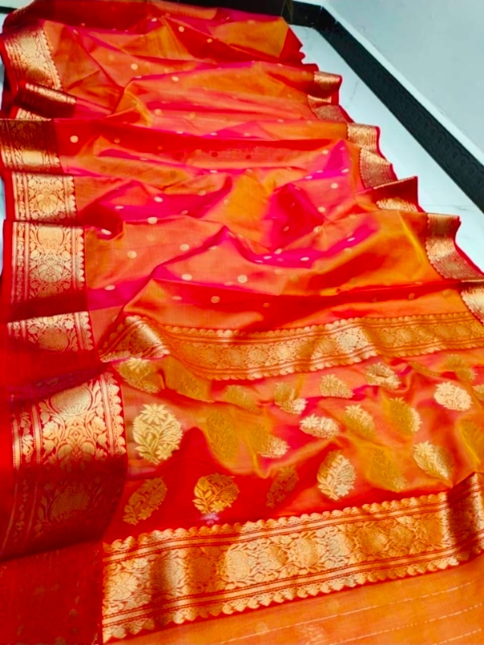 Authentic Katan Organza Silk Chanderi Handloom Saree – Orange Festive Elegance