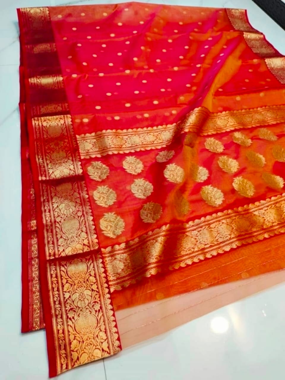 Authentic Katan Organza Silk Chanderi Handloom Saree – Orange Festive Elegance