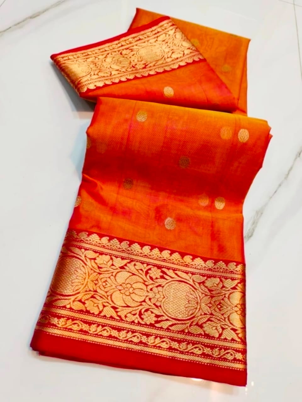 Authentic Katan Organza Silk Chanderi Handloom Saree – Orange Festive Elegance