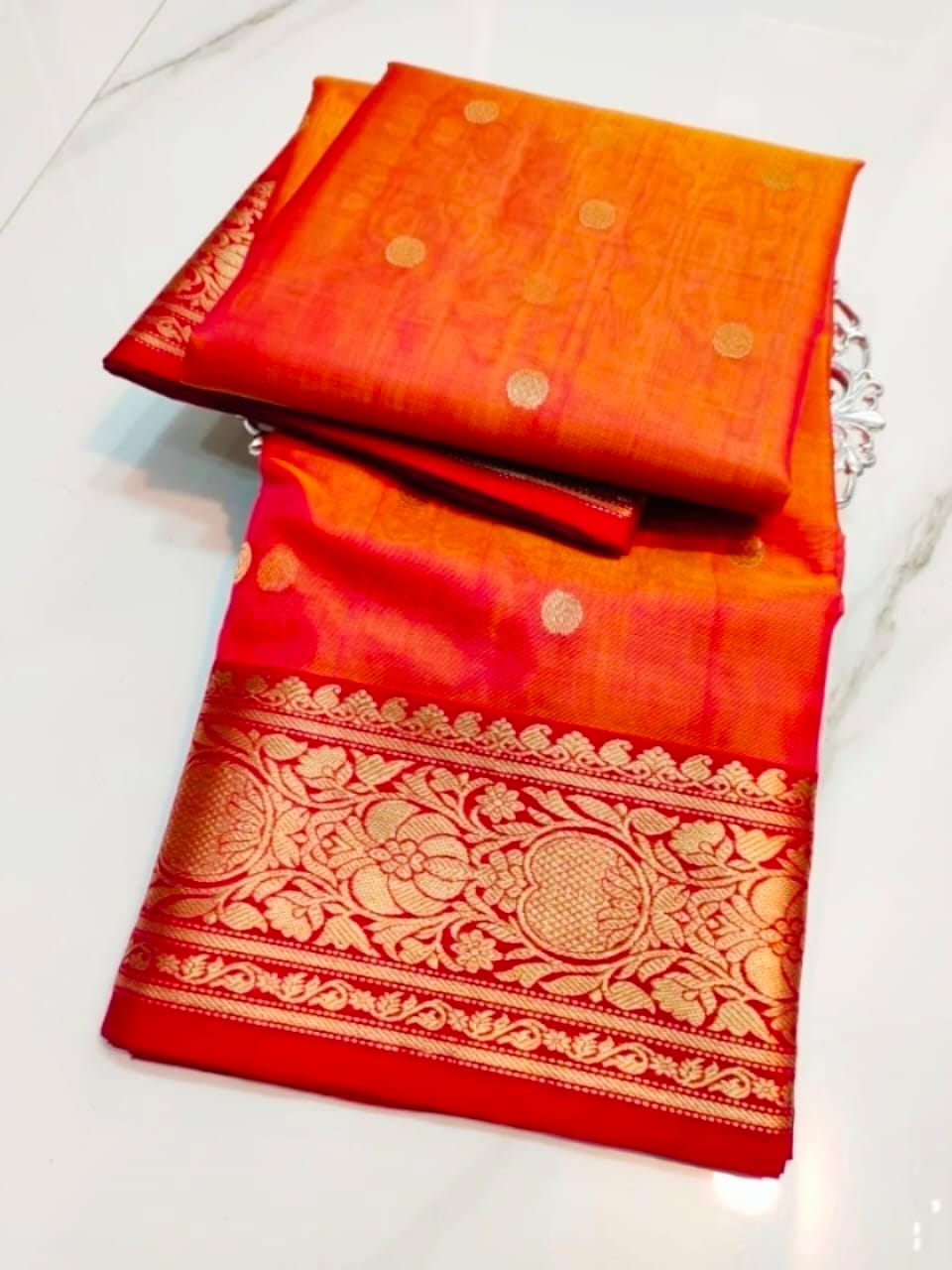Authentic Katan Organza Silk Chanderi Handloom Saree – Orange Festive Elegance