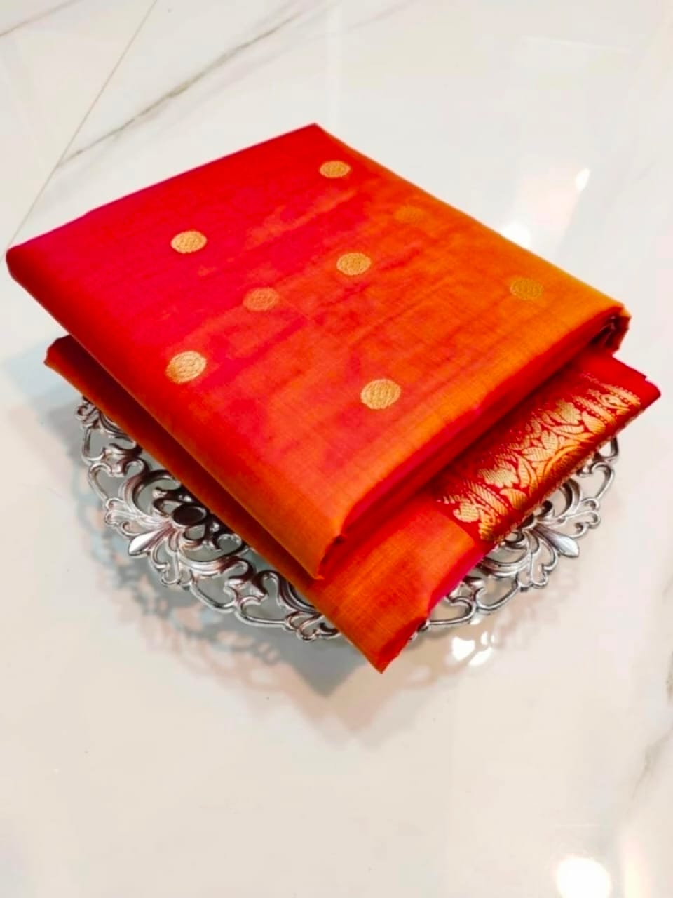 Authentic Katan Organza Silk Chanderi Handloom Saree – Orange Festive Elegance