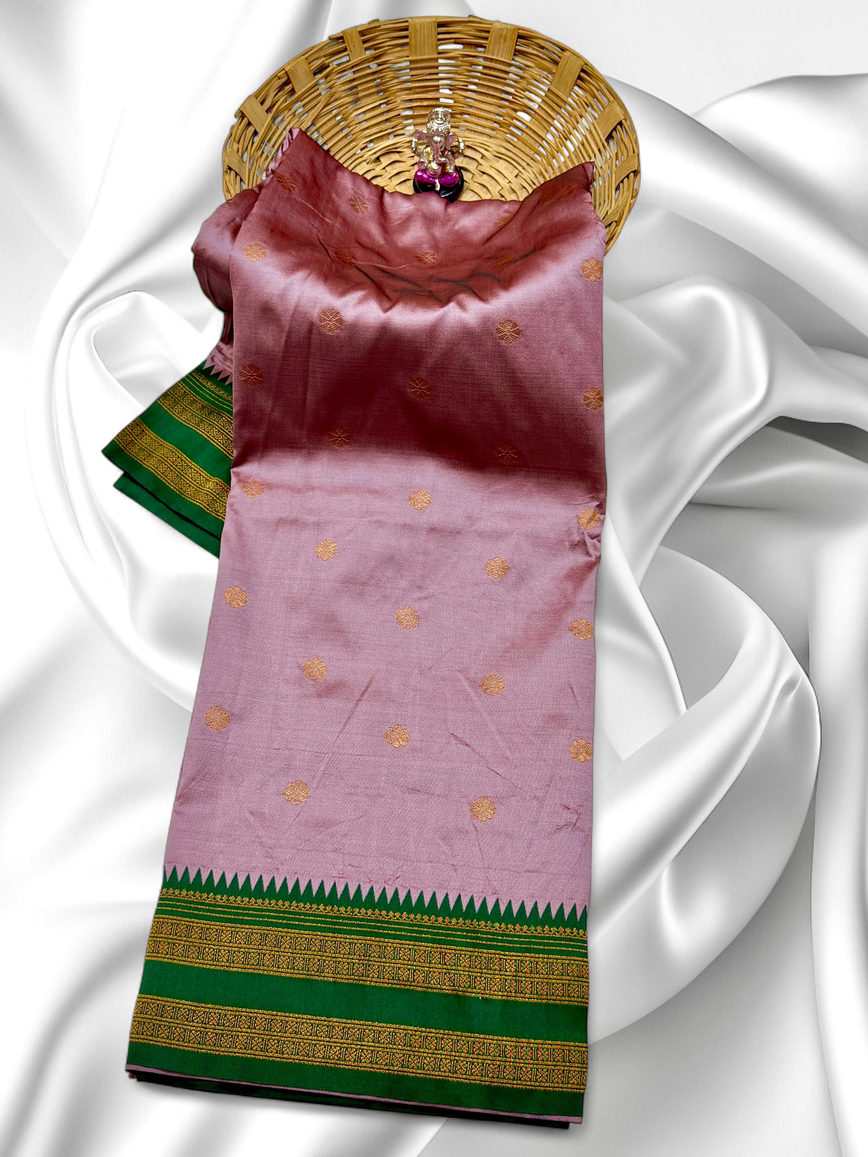 Mauve Pink Silk Saree with Green & Gold Zari Border