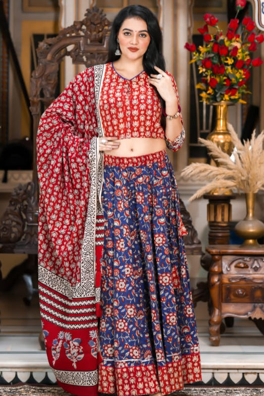 Hand Block Printed Lehenga Choli with Dupatta – Navratri Collection