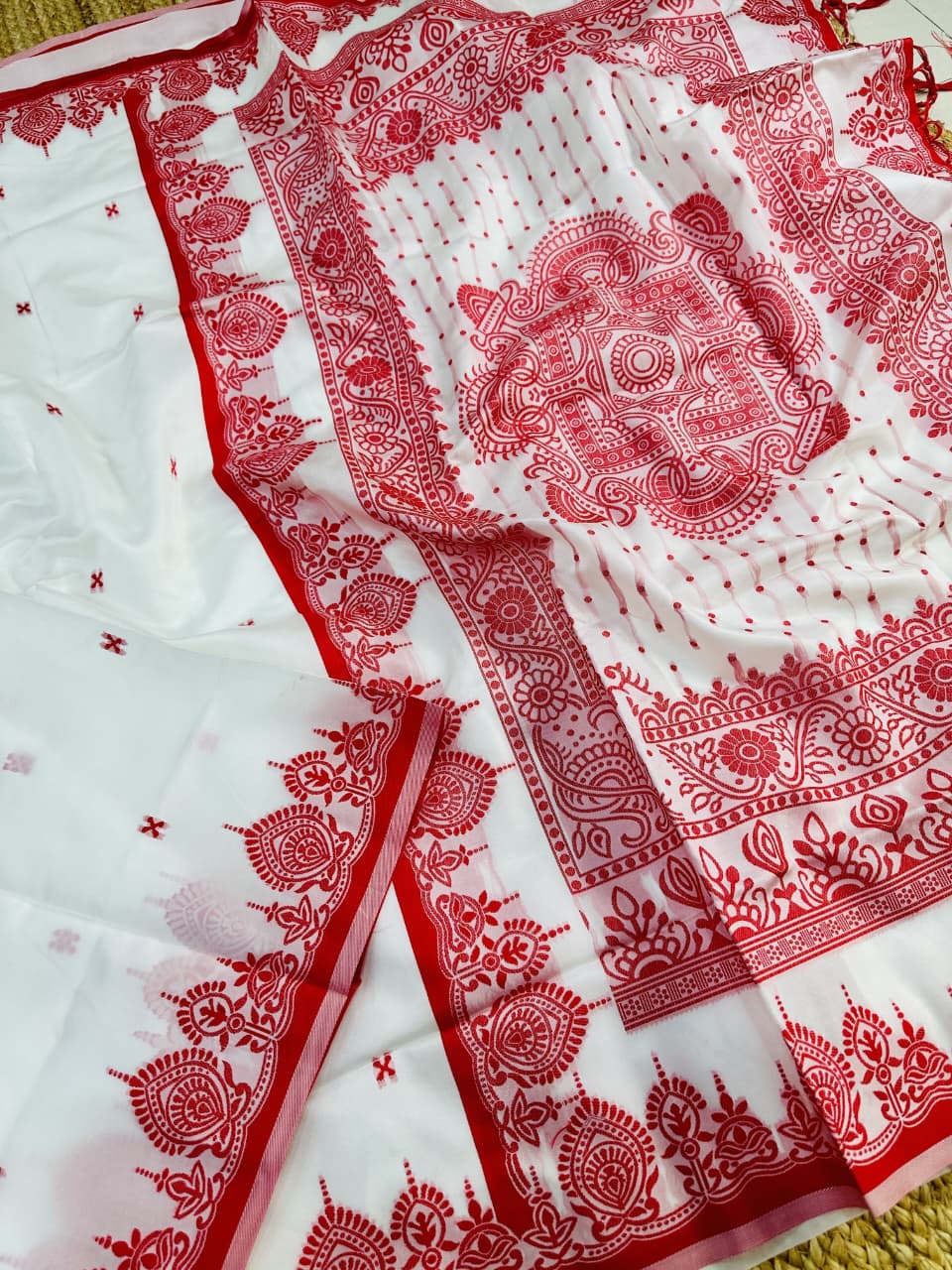 Durga Puja Special Red & White Bengali Silk Saree