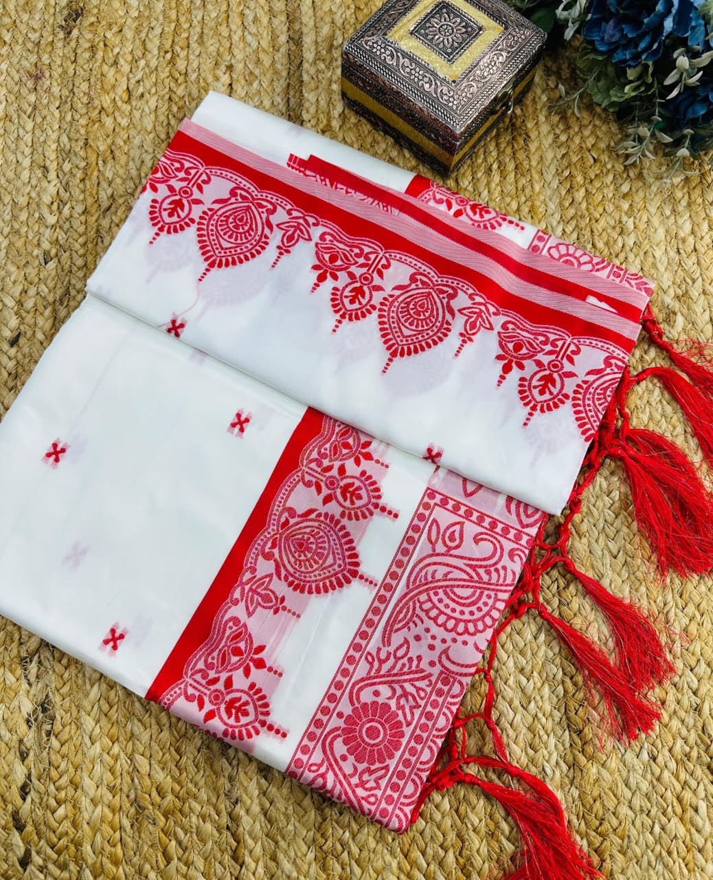 Durga Puja Special Red & White Bengali Silk Saree