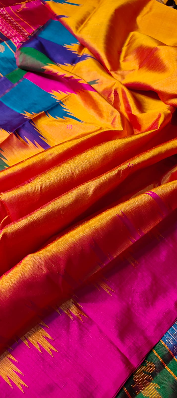 Beautiful Color Combination of Authentic Berhampuri Silk Handloom Saree With Contrast Blouse Piece