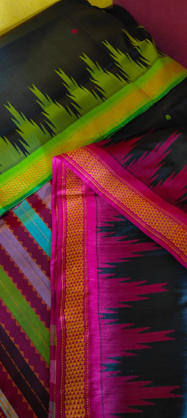 Authentic Berhampuri Double Pallu Silk Saree – With Ganga Jamuna Phoda Kumbha Border & Multicolour Pallu