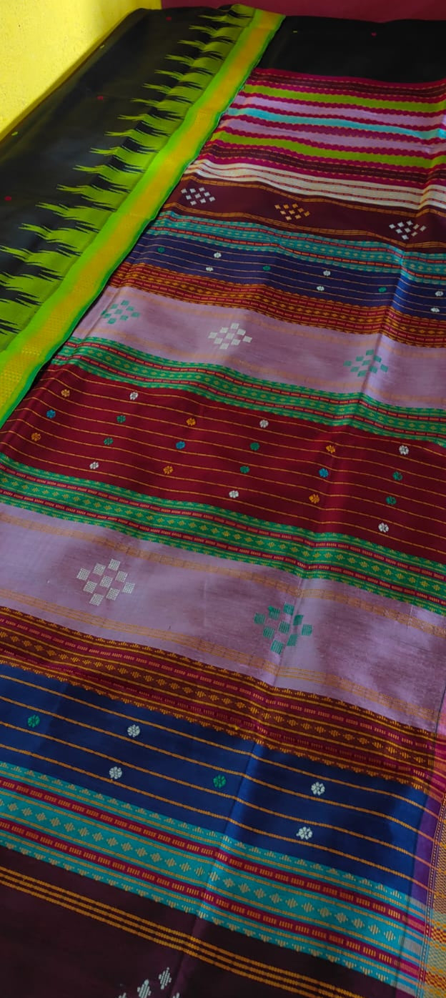 Authentic Berhampuri Double Pallu Silk Saree – With Ganga Jamuna Phoda Kumbha Border & Multicolour Pallu