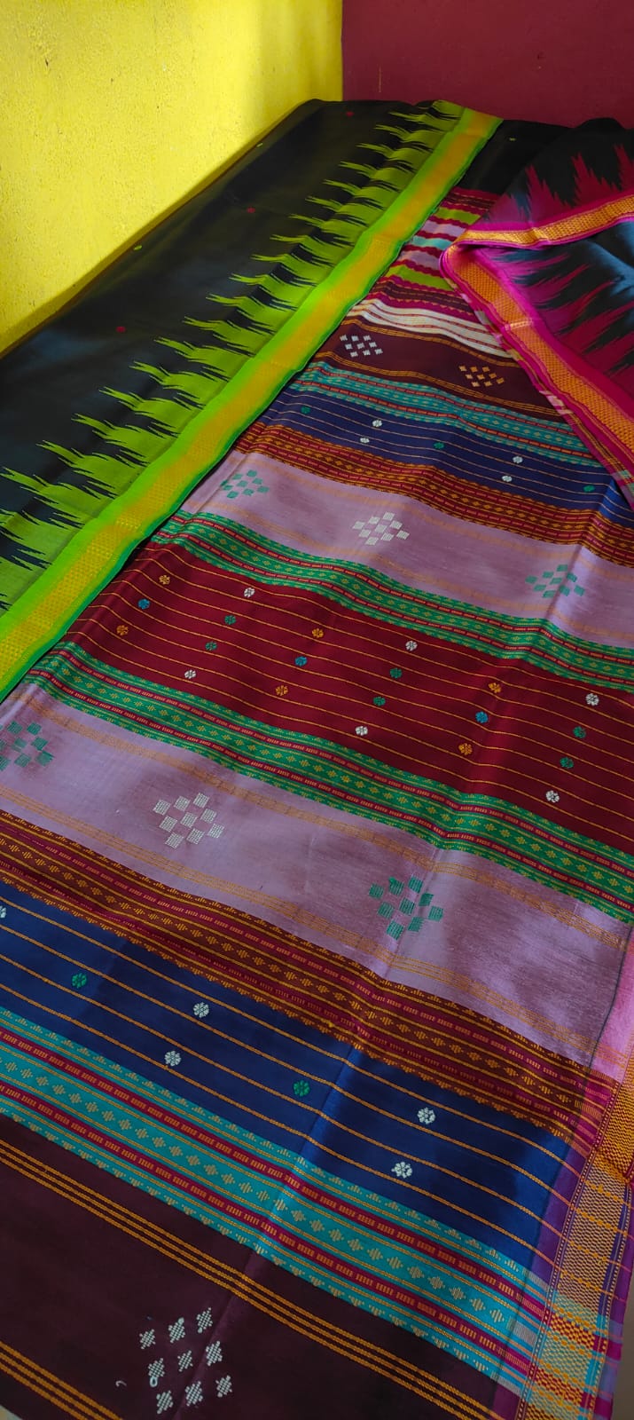 Authentic Berhampuri Double Pallu Silk Saree – With Ganga Jamuna Phoda Kumbha Border & Multicolour Pallu