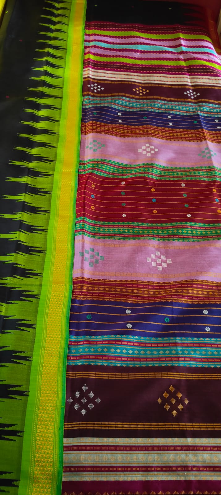 Authentic Berhampuri Double Pallu Silk Saree – With Ganga Jamuna Phoda Kumbha Border & Multicolour Pallu