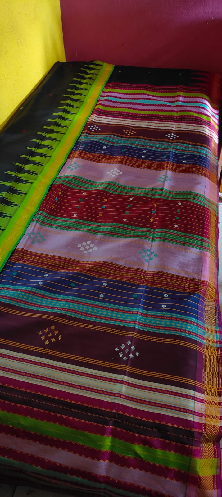 Authentic Berhampuri Double Pallu Silk Saree – With Ganga Jamuna Phoda Kumbha Border & Multicolour Pallu