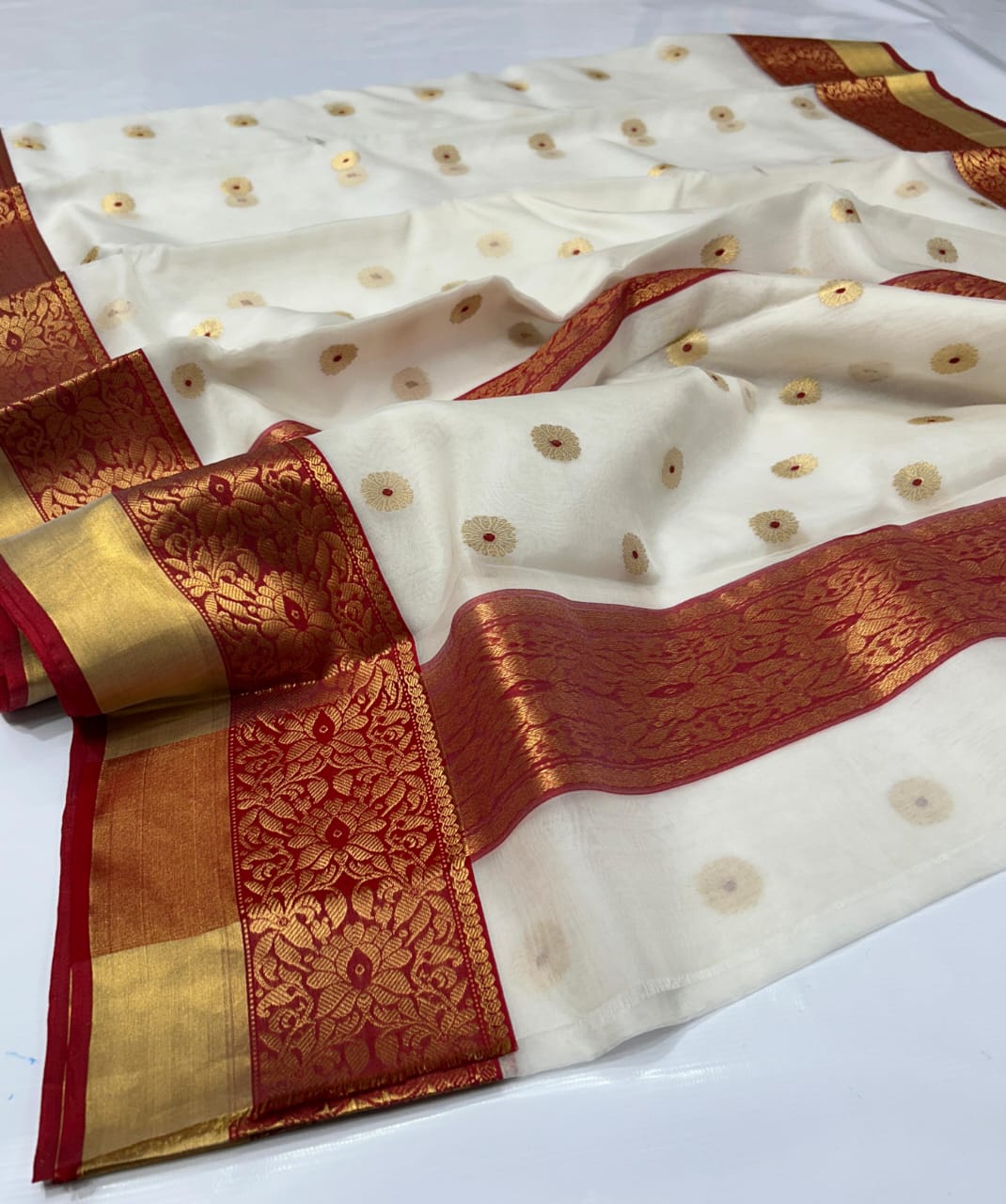 Katan Organza Chanderi Silk Saree with Meenakari & Golden Patela Border