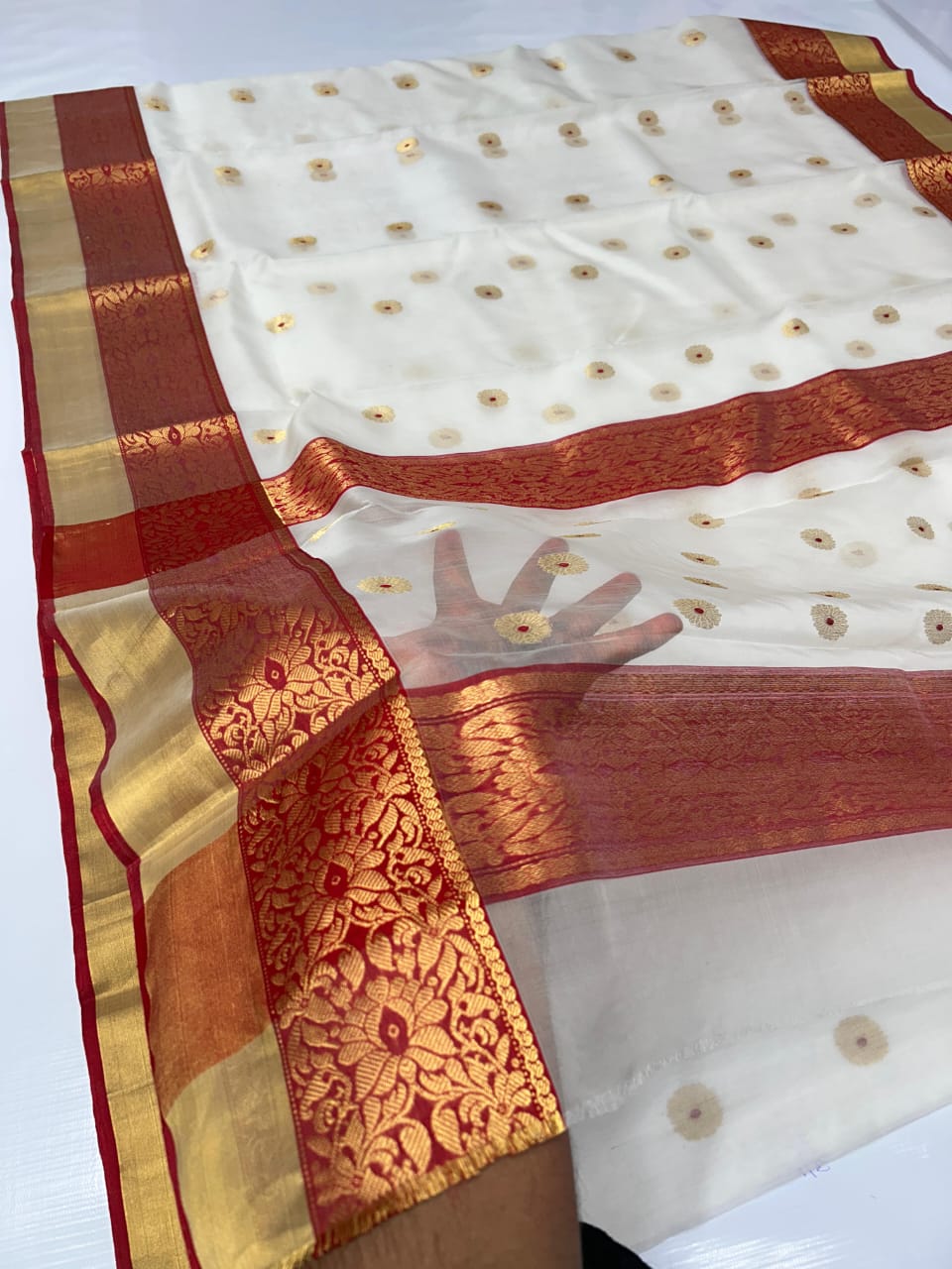 Katan Organza Chanderi Silk Saree with Meenakari & Golden Patela Border
