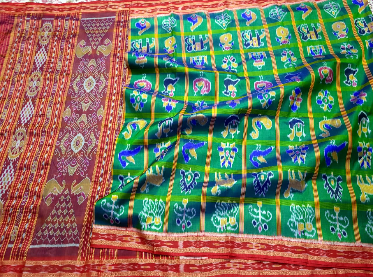 Authentic Vibrant Green Khandua Mulberry Silk Pata Handloom Saree