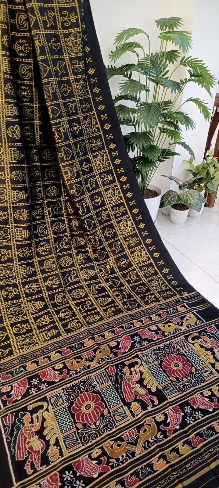 Yellow With Black 4ply Nabakothi Khandua Mulberry Silk Saree