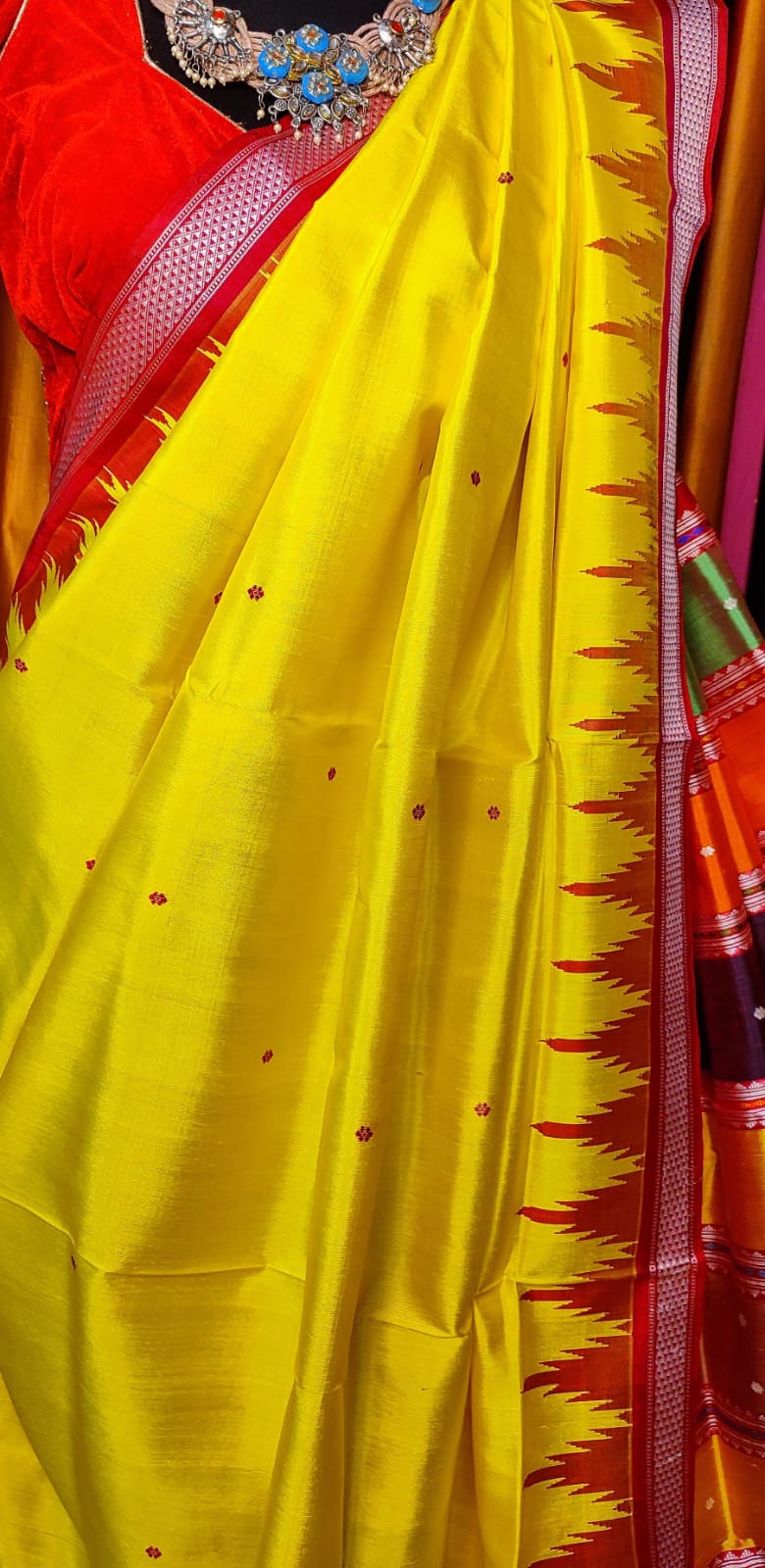 Gorgeous Yellow Double Pallu Berhampuri Silk Saree With Contrast Phodakumbha Border
