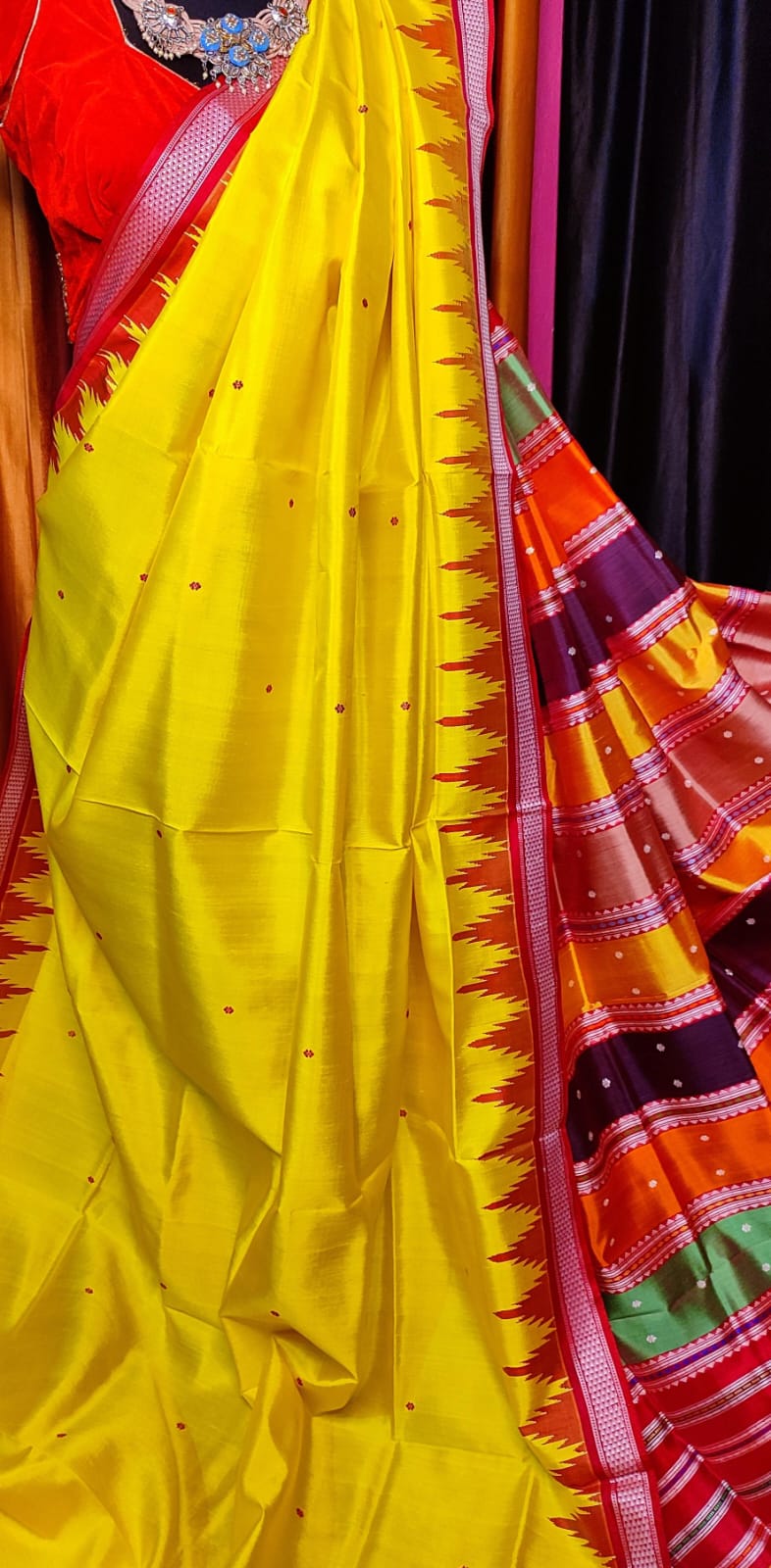 Gorgeous Yellow Double Pallu Berhampuri Silk Saree With Contrast Phodakumbha Border