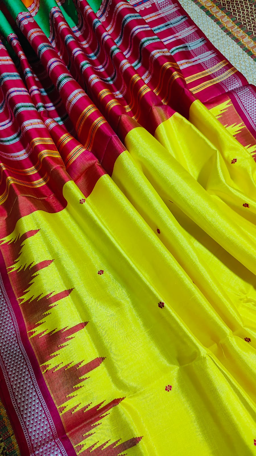 Gorgeous Yellow Double Pallu Berhampuri Silk Saree With Contrast Phodakumbha Border