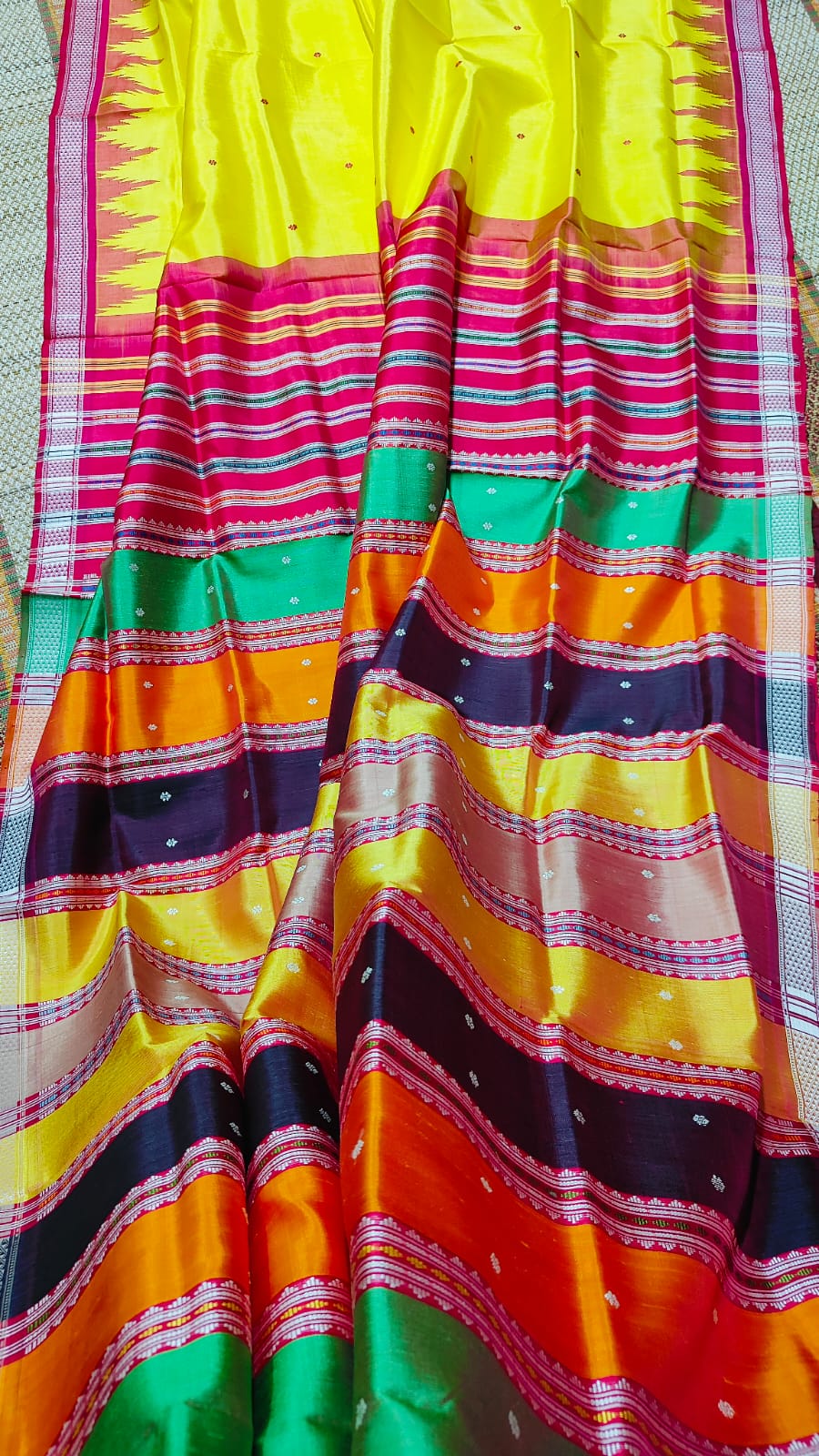 Gorgeous Yellow Double Pallu Berhampuri Silk Saree With Contrast Phodakumbha Border