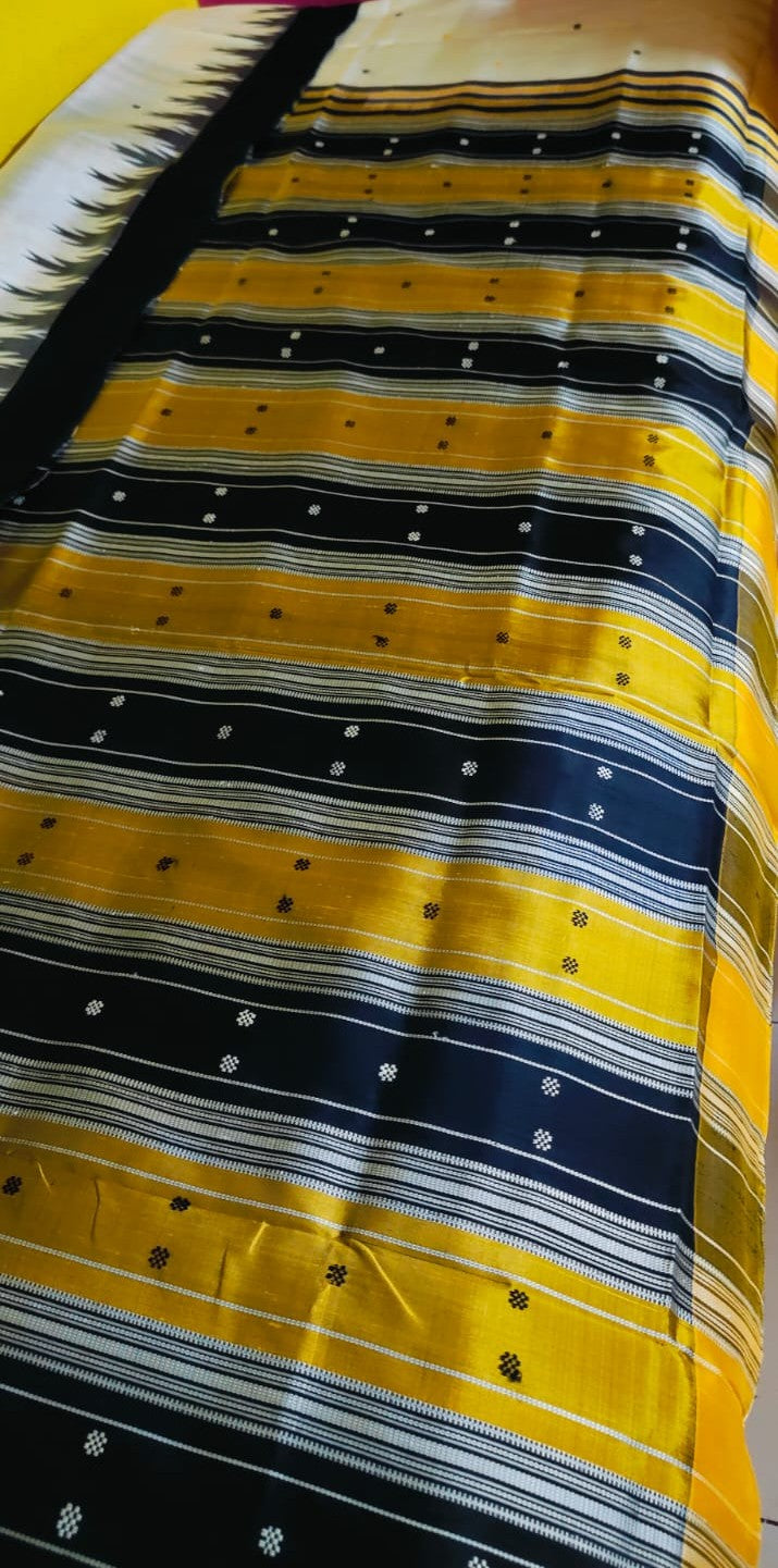 Authentic White Berhampuri Double Palla Silk Saree – Black & Mustard Pallu