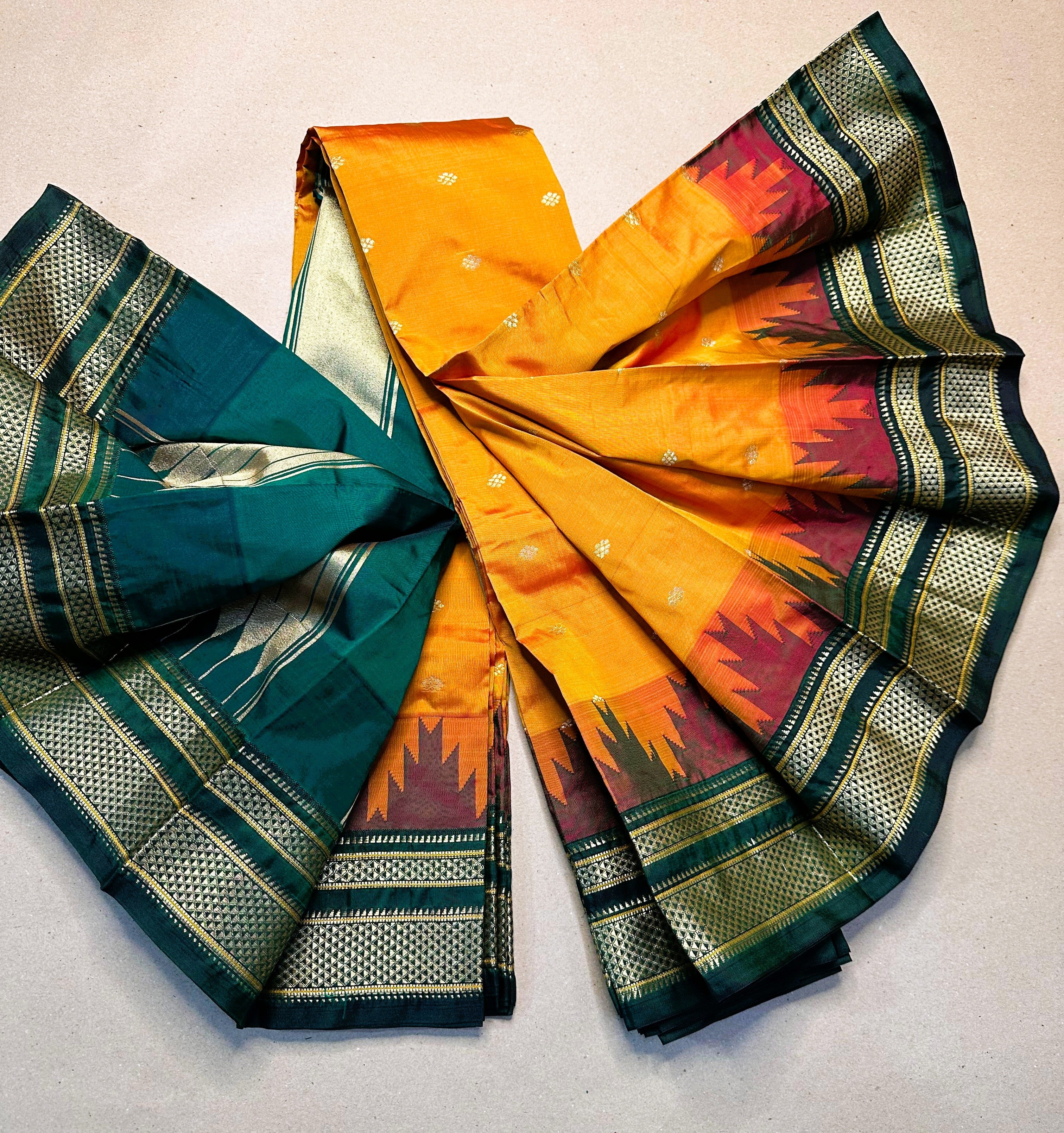 Ilkal Temple Border Saree with Butta Work | Shine-Finish Polyester Cotton Blend