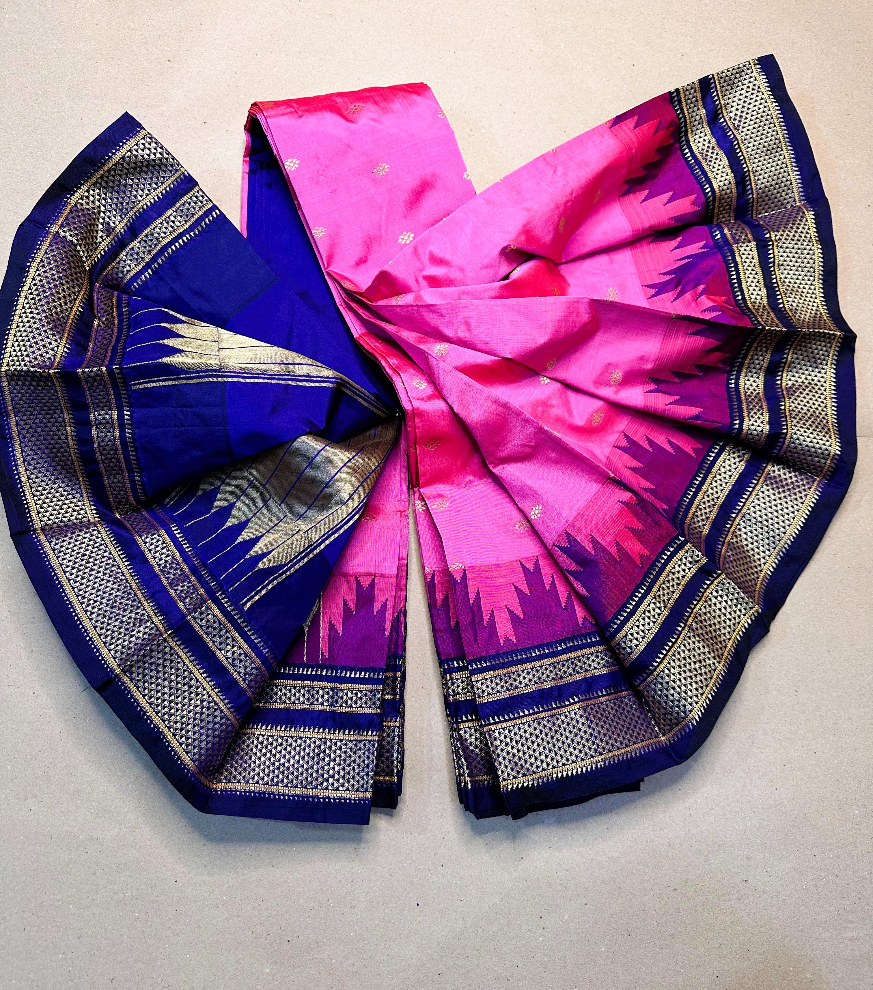 Ilkal Temple Border Saree with Butta Work | Shine-Finish Polyester Cotton Blend