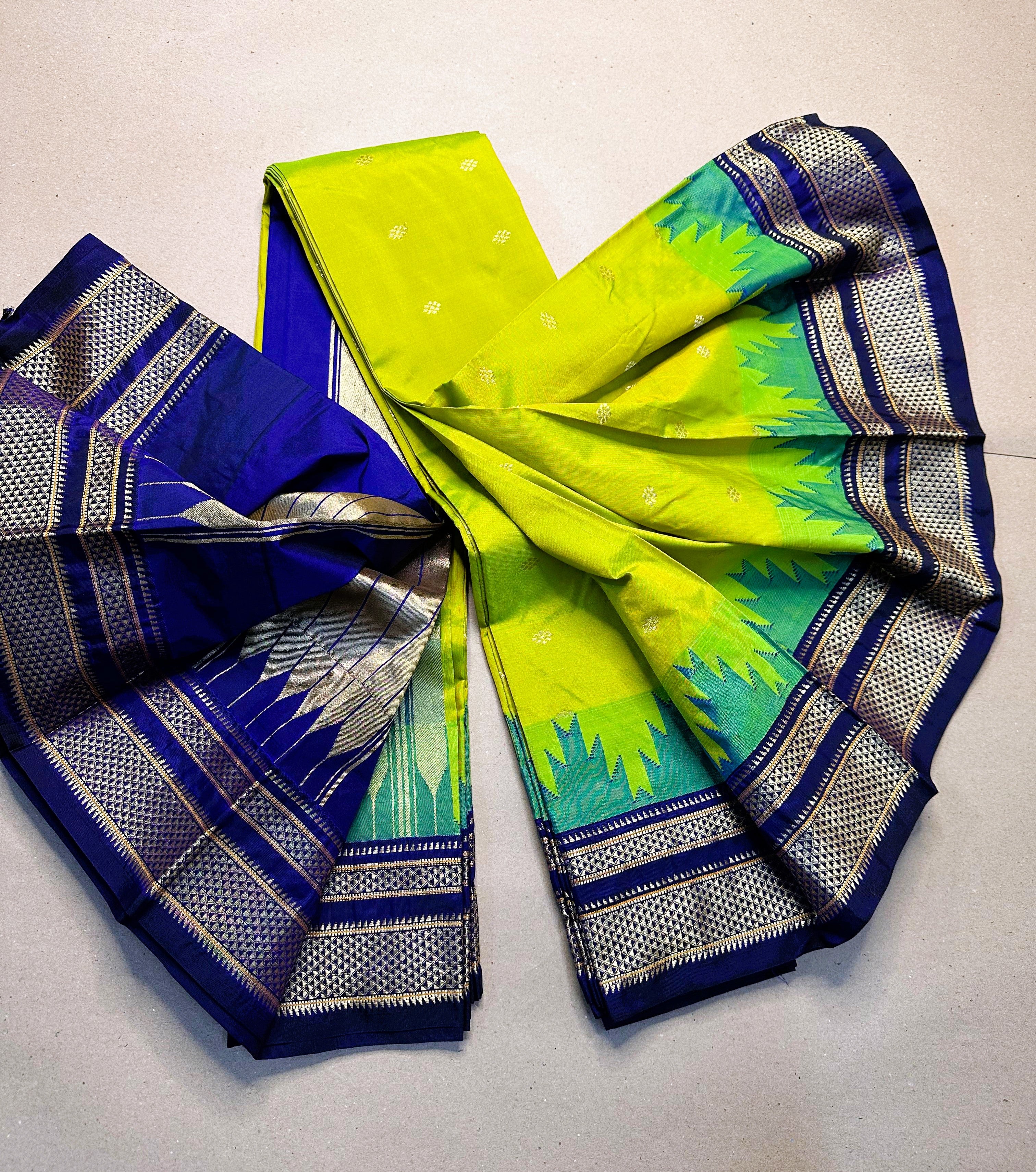 Ilkal Temple Border Saree with Butta Work | Shine-Finish Polyester Cotton Blend