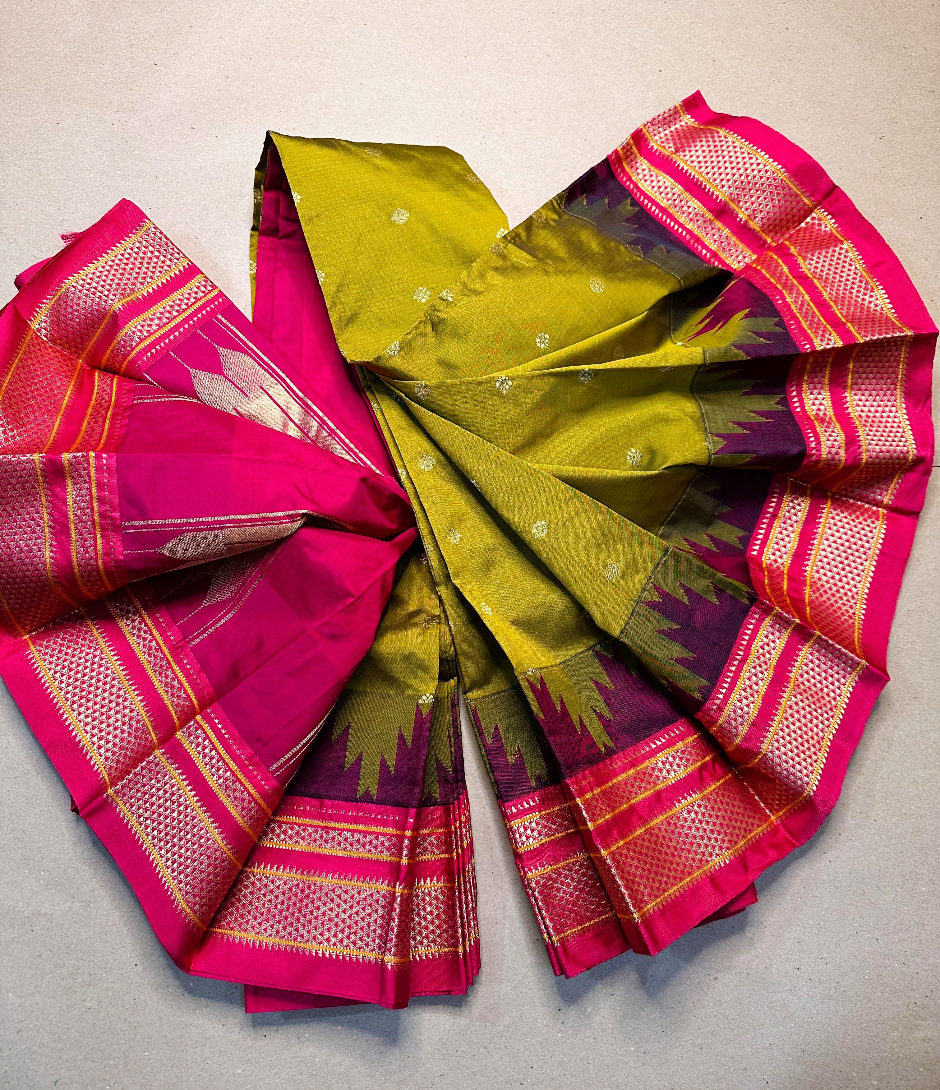 Ilkal Temple Border Saree with Butta Work | Shine-Finish Polyester Cotton Blend