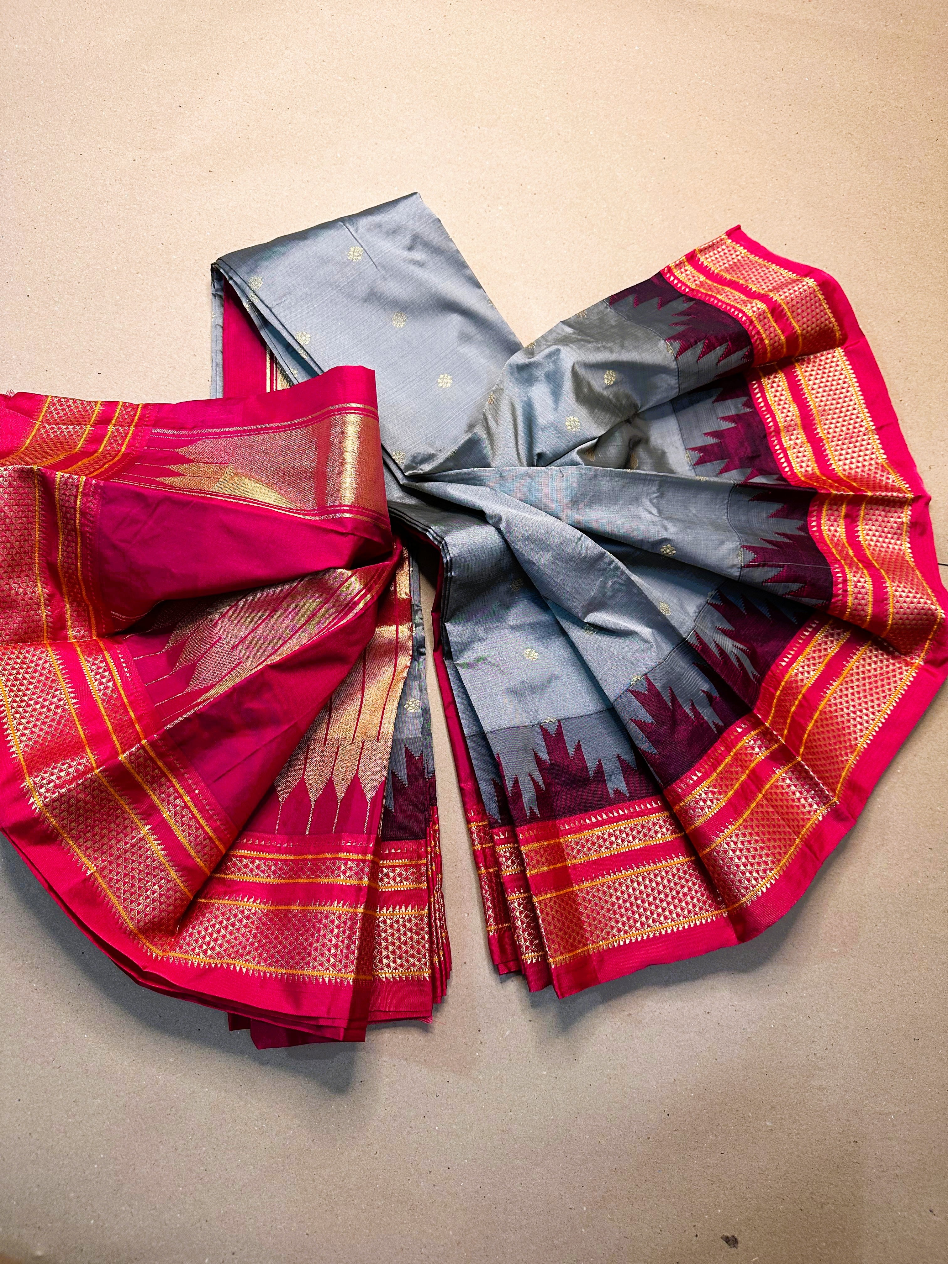 Ilkal Temple Border Saree with Butta Work | Shine-Finish Polyester Cotton Blend