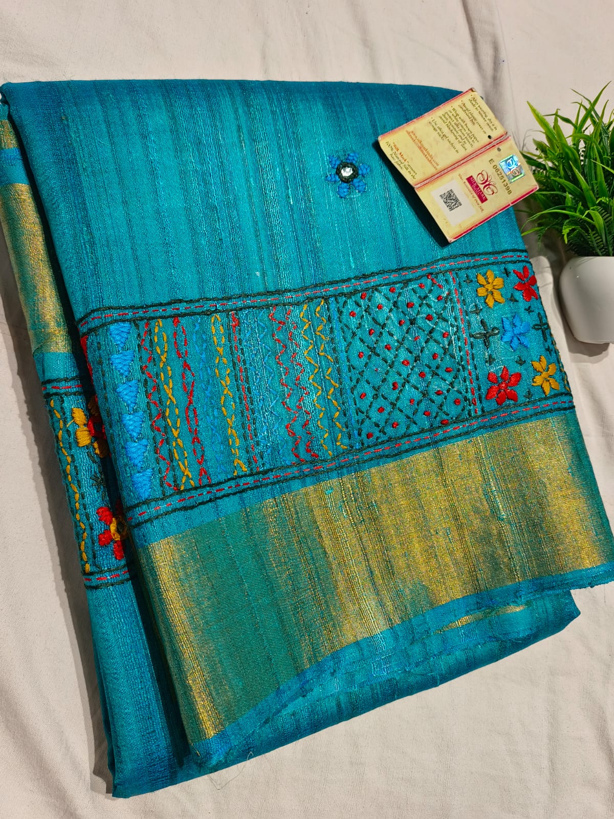 Chhattisgarh Tussar Silk Hand Embroidered Saree With Stitched Blouse