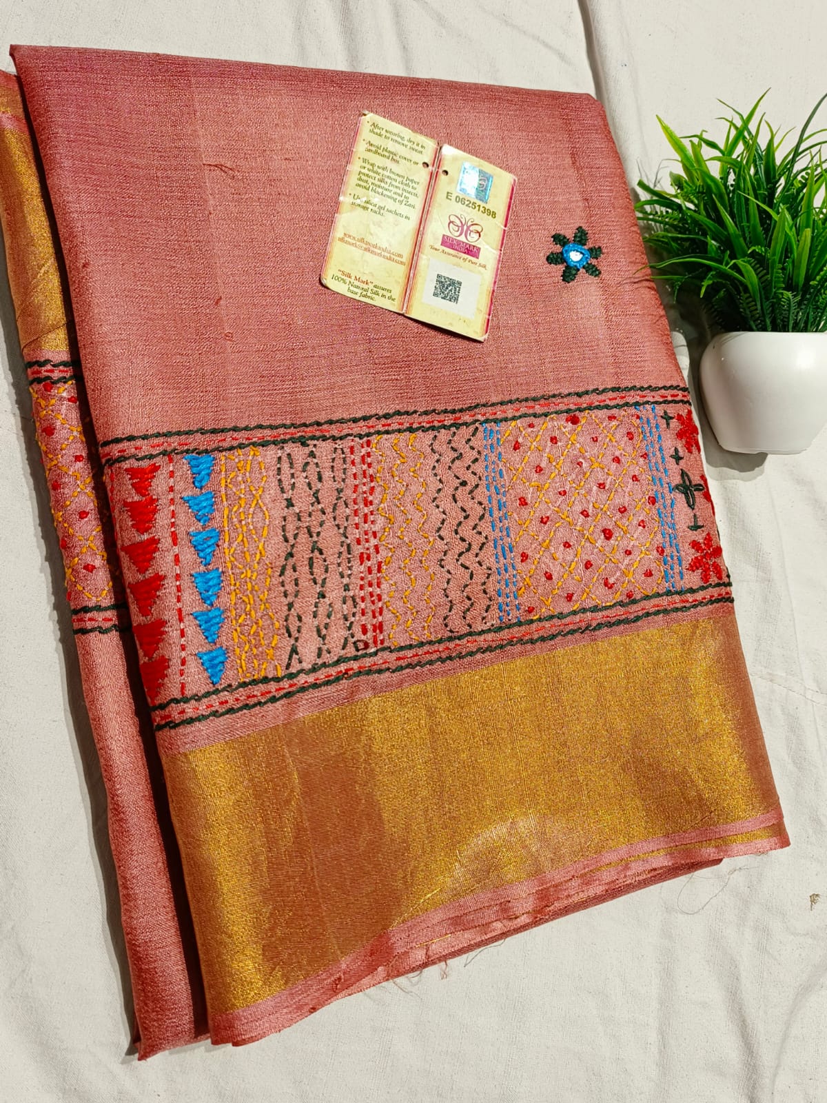 Chhattisgarh Tussar Silk Hand Embroidered Saree With Stitched Blouse