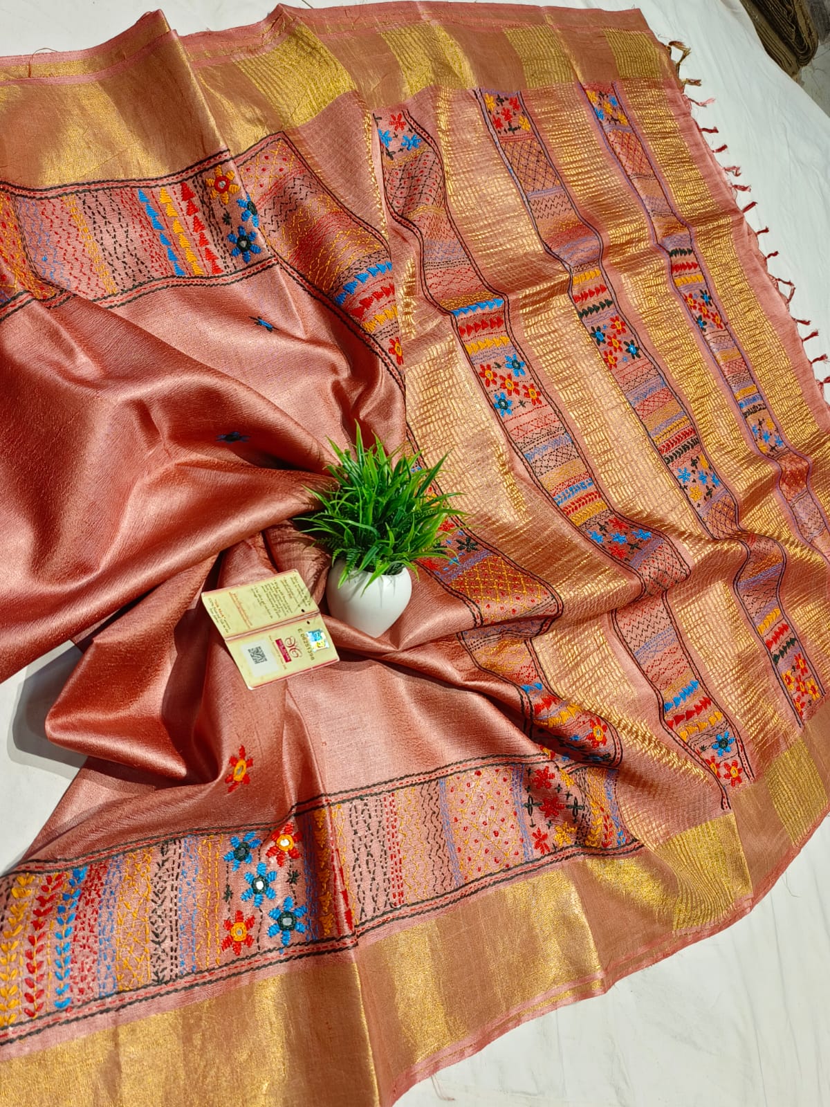 Chhattisgarh Tussar Silk Hand Embroidered Saree With Stitched Blouse