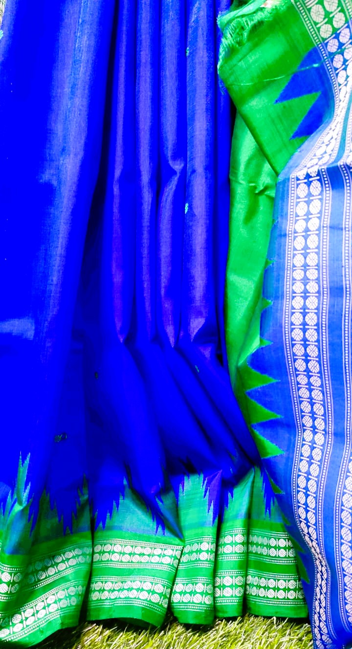 Royal Blue Berhampuri Double Pallu Silk Saree with Green Border