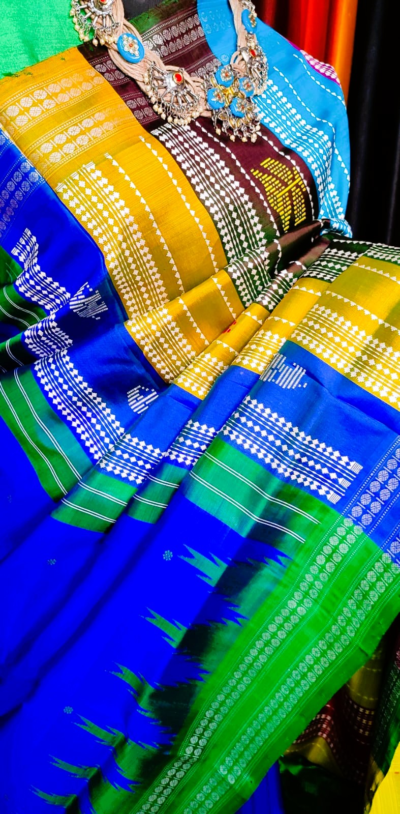 Royal Blue Berhampuri Double Pallu Silk Saree with Green Border